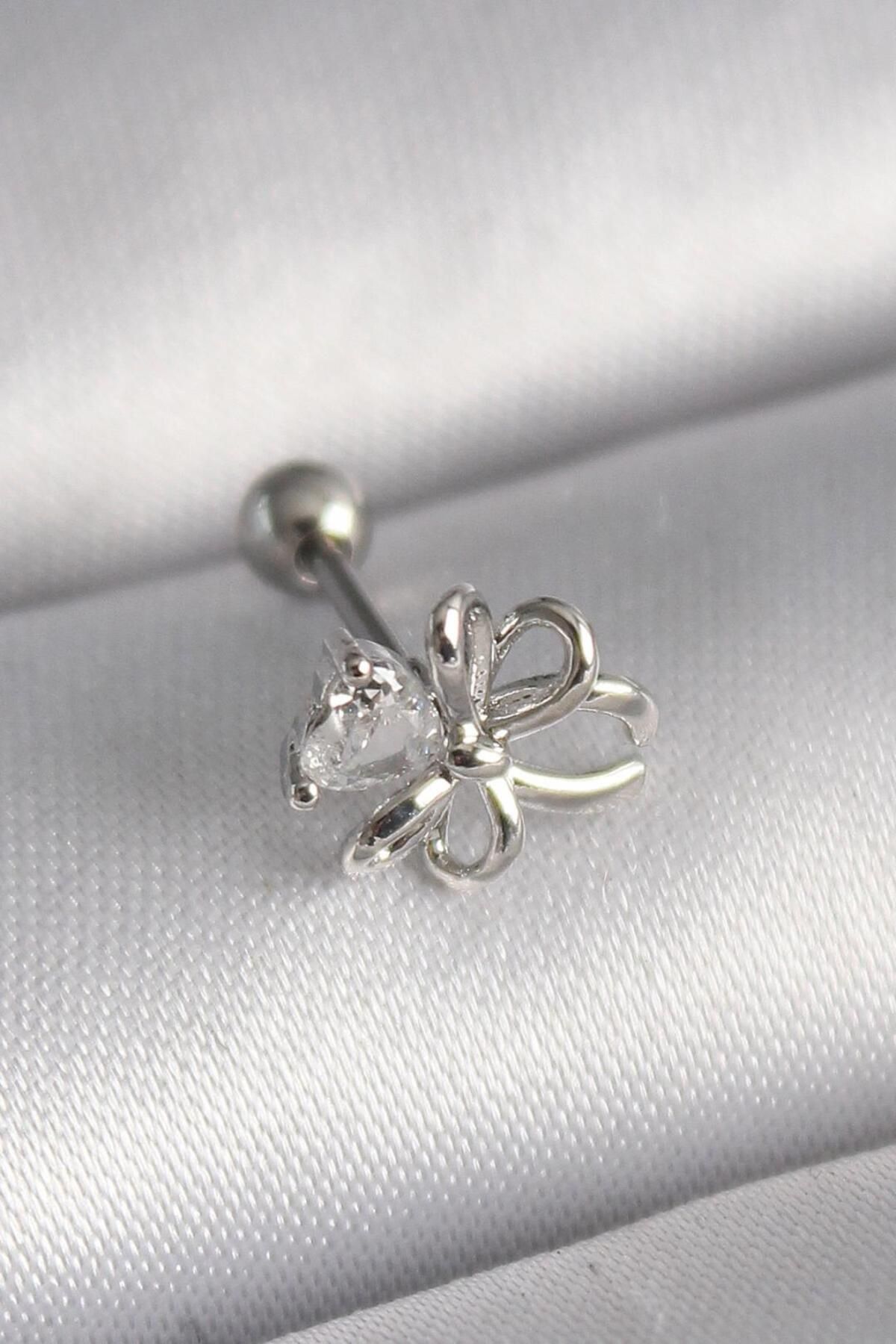 AfraBeauty 316L Çelik Gümüş Renk Zirkon Taş Detay Kurdele Model Tragus Piercing
