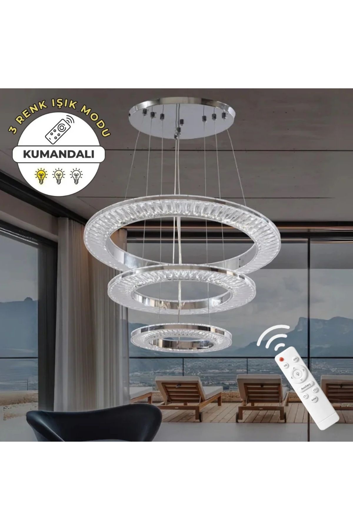durulight Avangart Krom 3'lü Lüks Uzaktan Kumandalı Dimmerli 3 Renk Ledli Avize Salon Avizesi