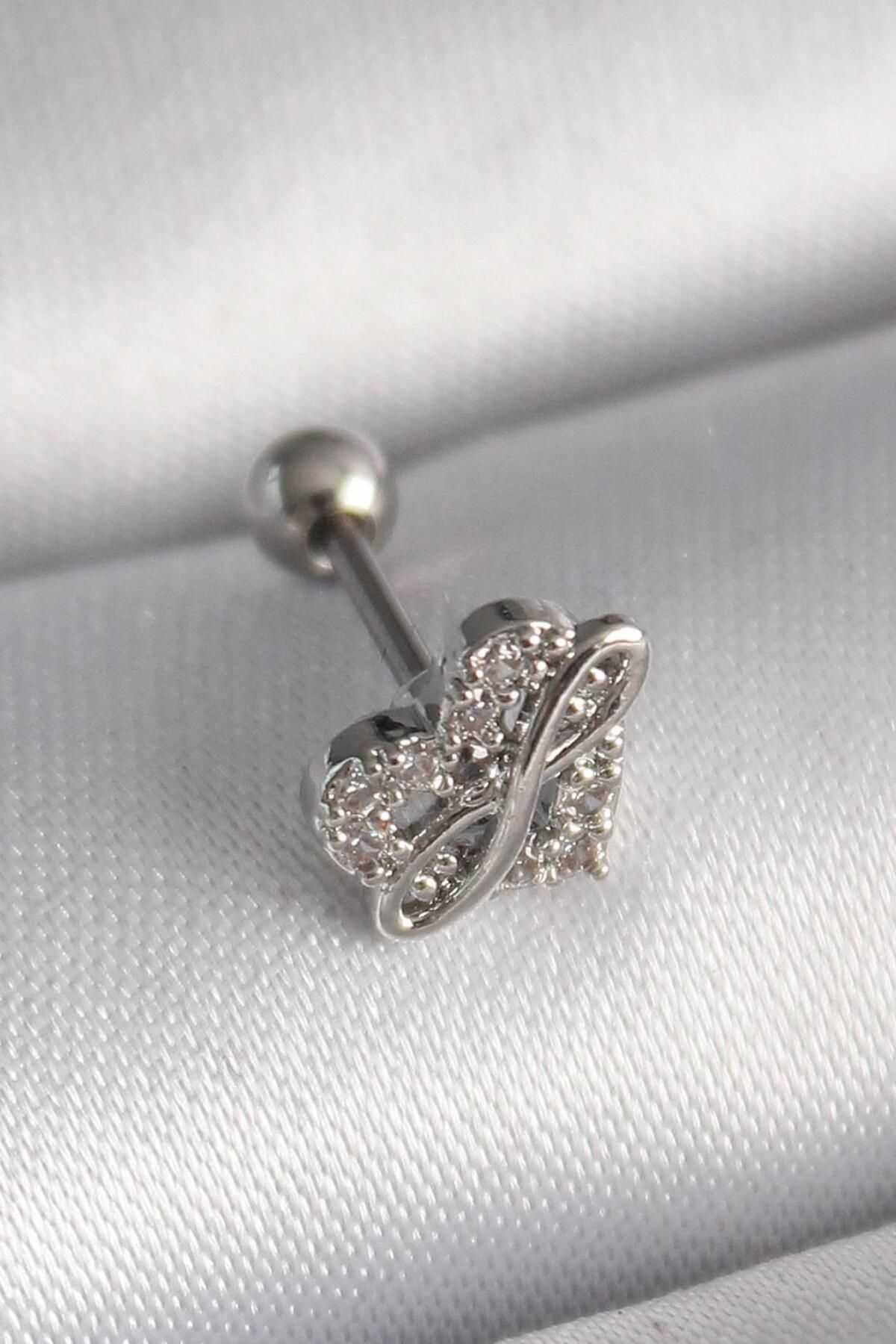 AfraBeauty 316L Çelik Gümüş Renk Zirkon Taşlı Sonsuzluk Detay Tragus Piercing