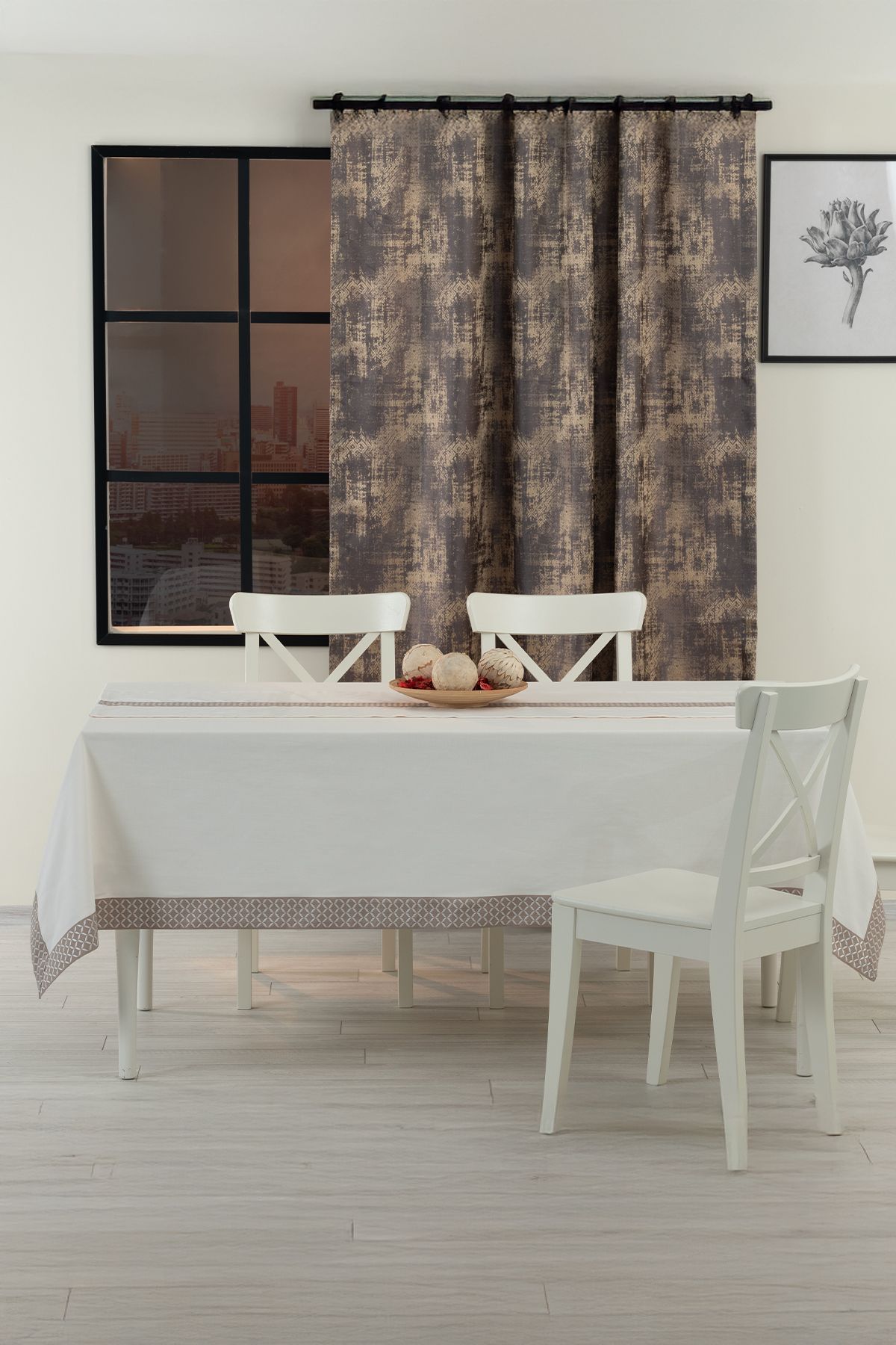 Tropikhome Alba Jakar Çember Desen Leke Tutmaz Jakarlı 160x220 Cm Lüks 8 Kişilik Masa Örtüsü Krem
