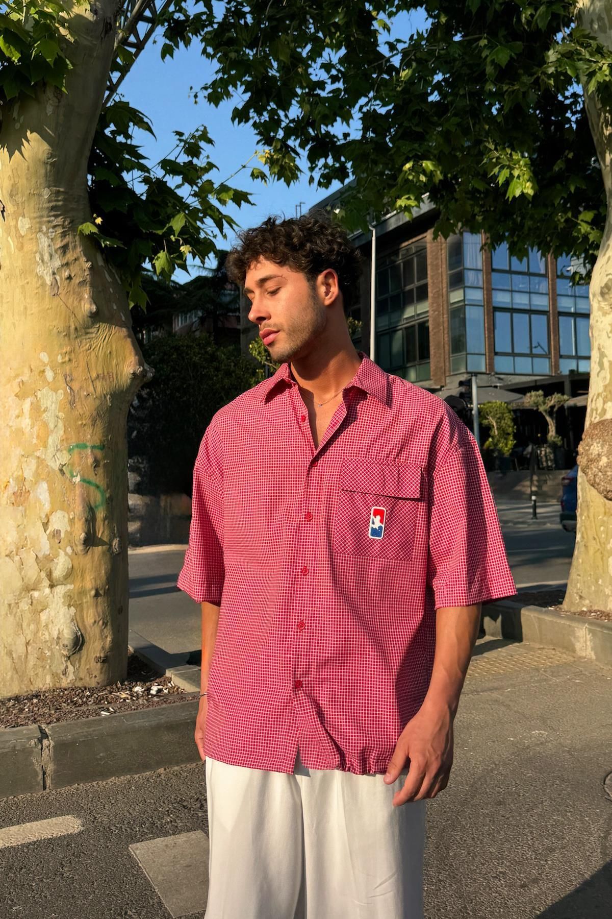 Flaw Wear Ayarlanabilir Model Kareli Kırmızı Kısa Kol Gömlek