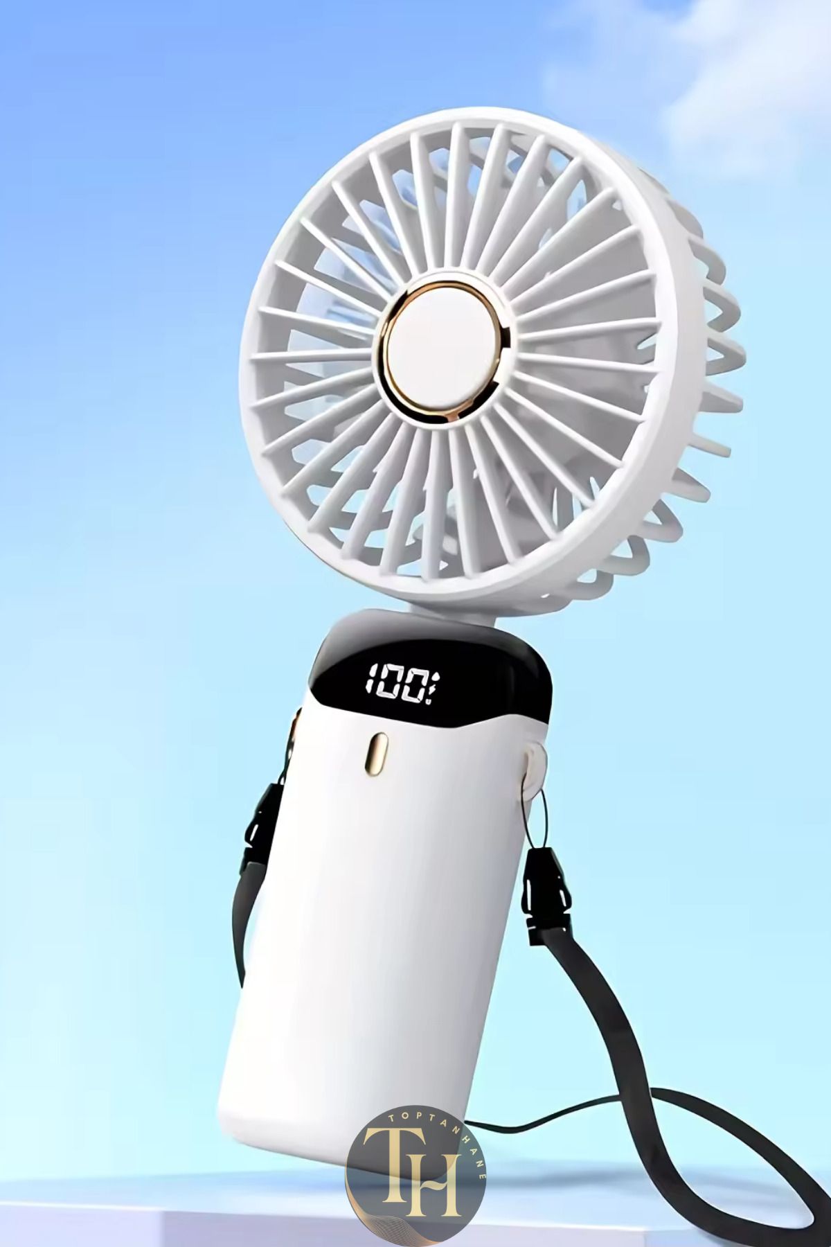 Toptanhane Led Ekranlı Şarjlı Mini El Boyun Masa Fanı ve Telefon Tutucu Seyahat Tipi Taşınabilir 5 Kademeli