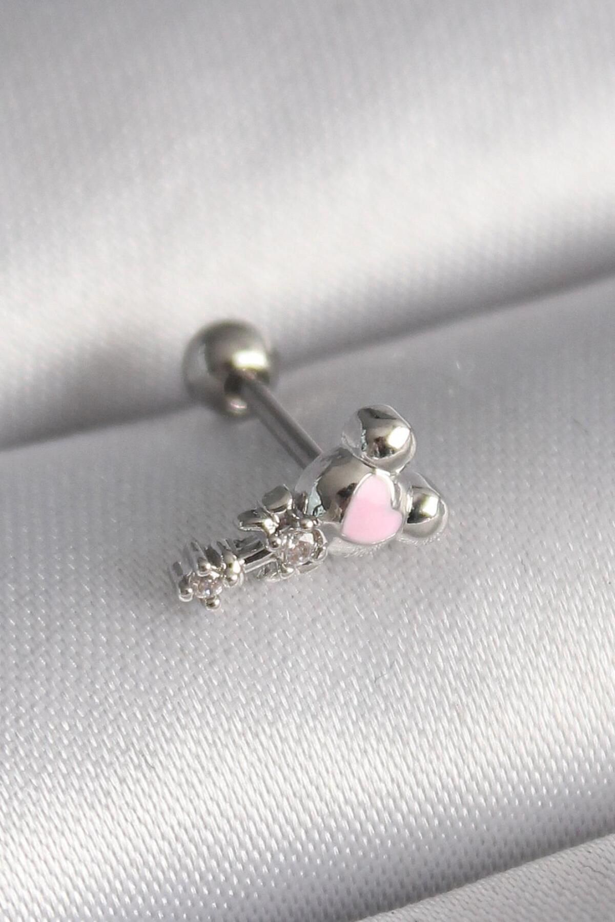 AfraBeauty 316L Çelik Gümüş Renk Zirkon Taş Detay Pembe Kalp İşleme Tragus Piercing