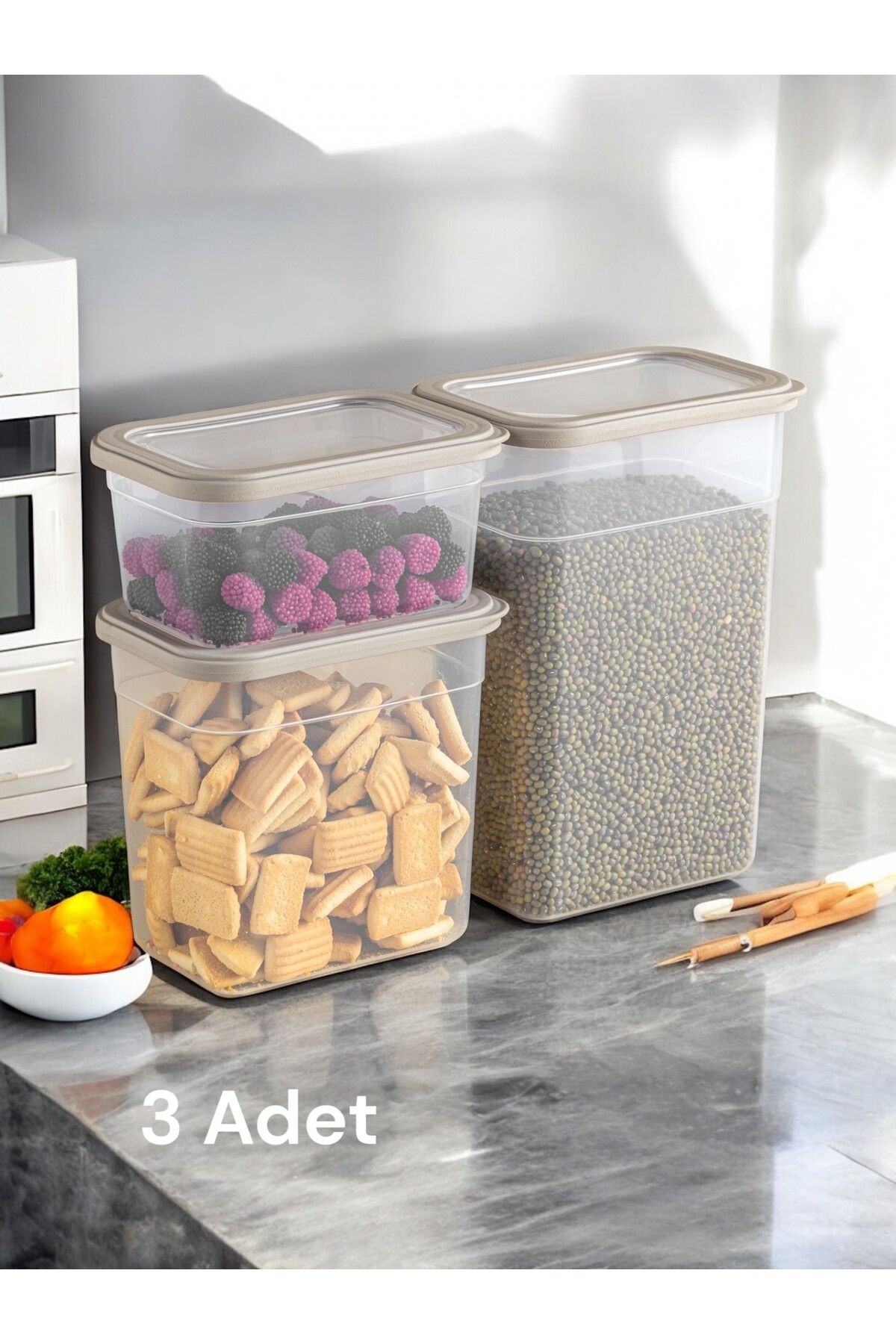 Nesto Home 3'lü Set Dikdörtgen Erzak ve Bakliyat Saklama Kabı Deterjan Kutusu 1x1100 1x2200 1x3400