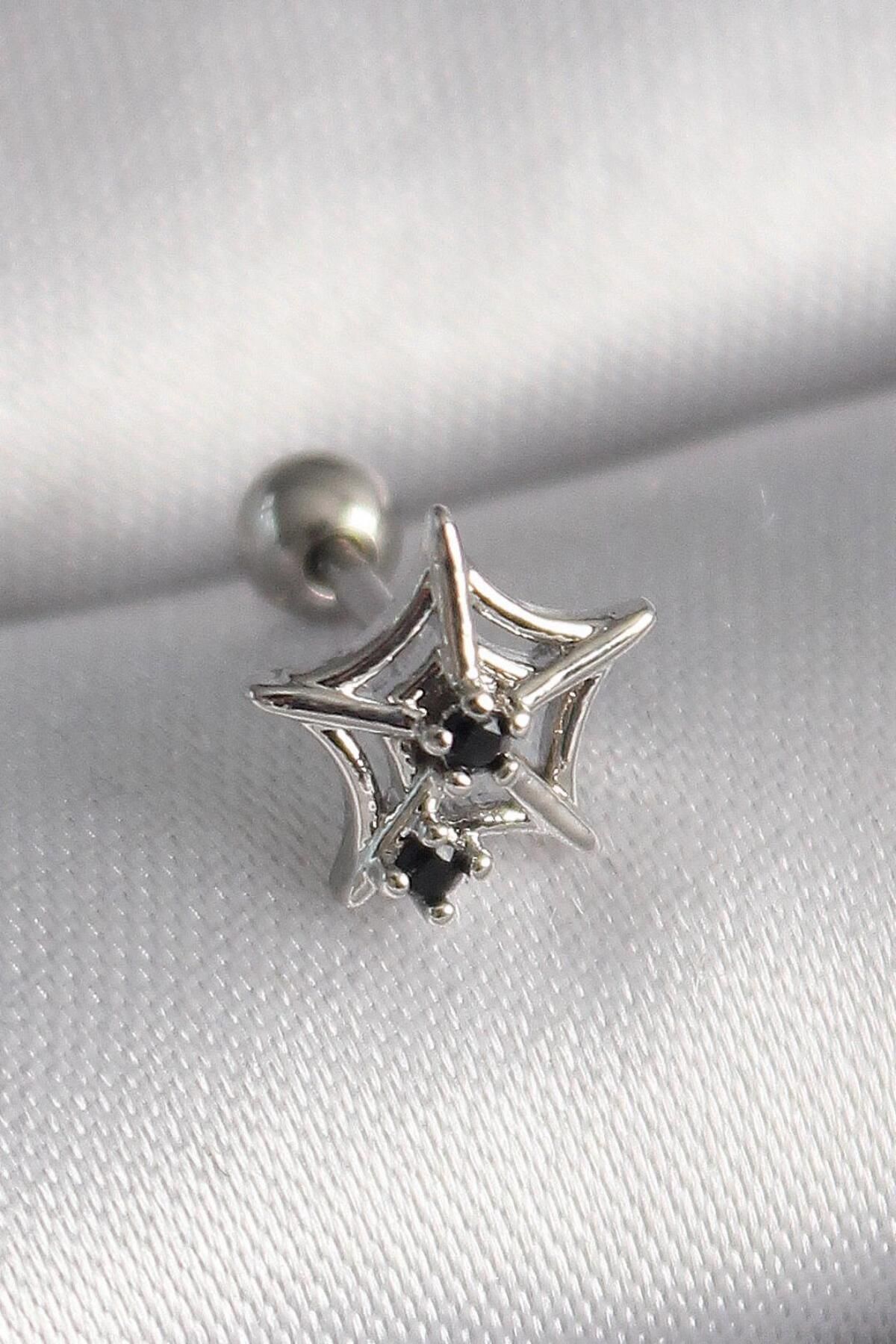 AfraBeauty 316L Çelik Gümüş Renk Siyah Zirkon Taş Detay Örümcek Ağ Model Tragus Piercing