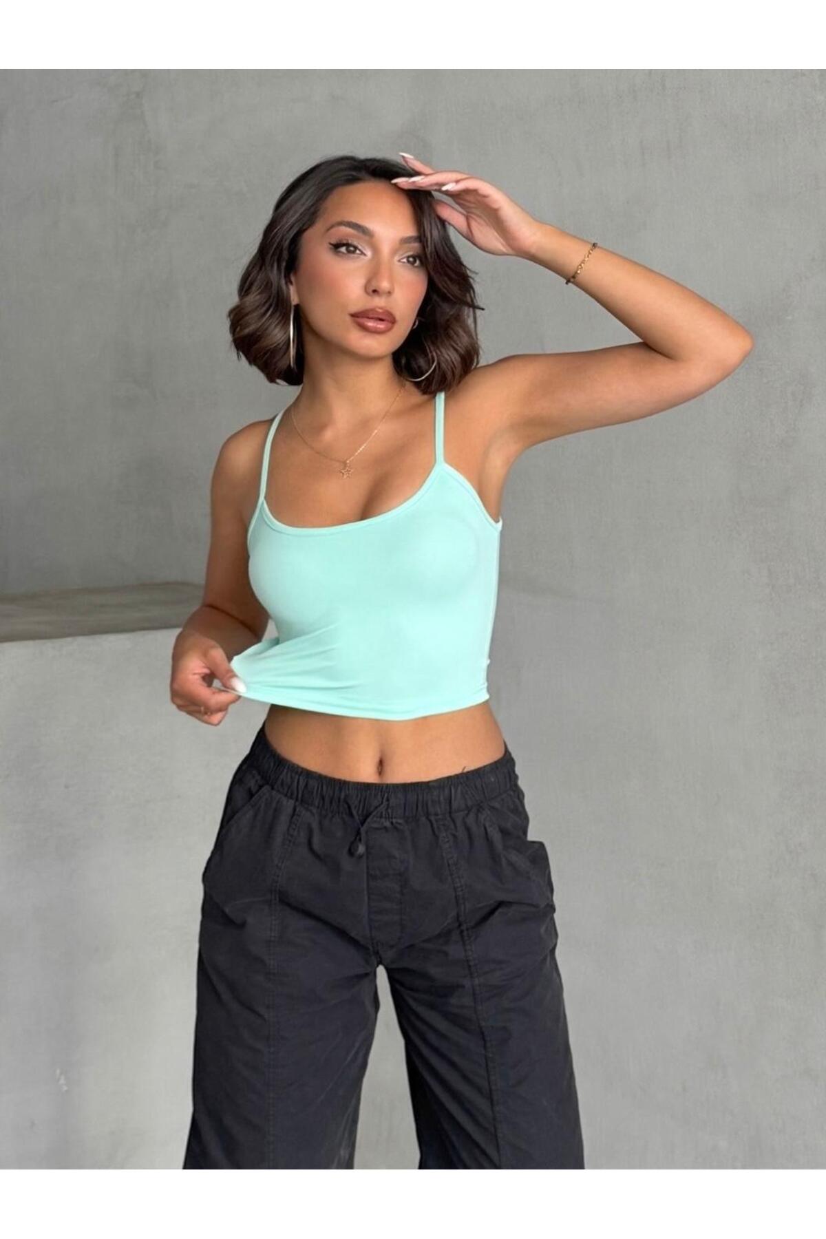The Base Kadın Su Yeşili Scuba Kumaş İp Askılı Crop Top görsel 5