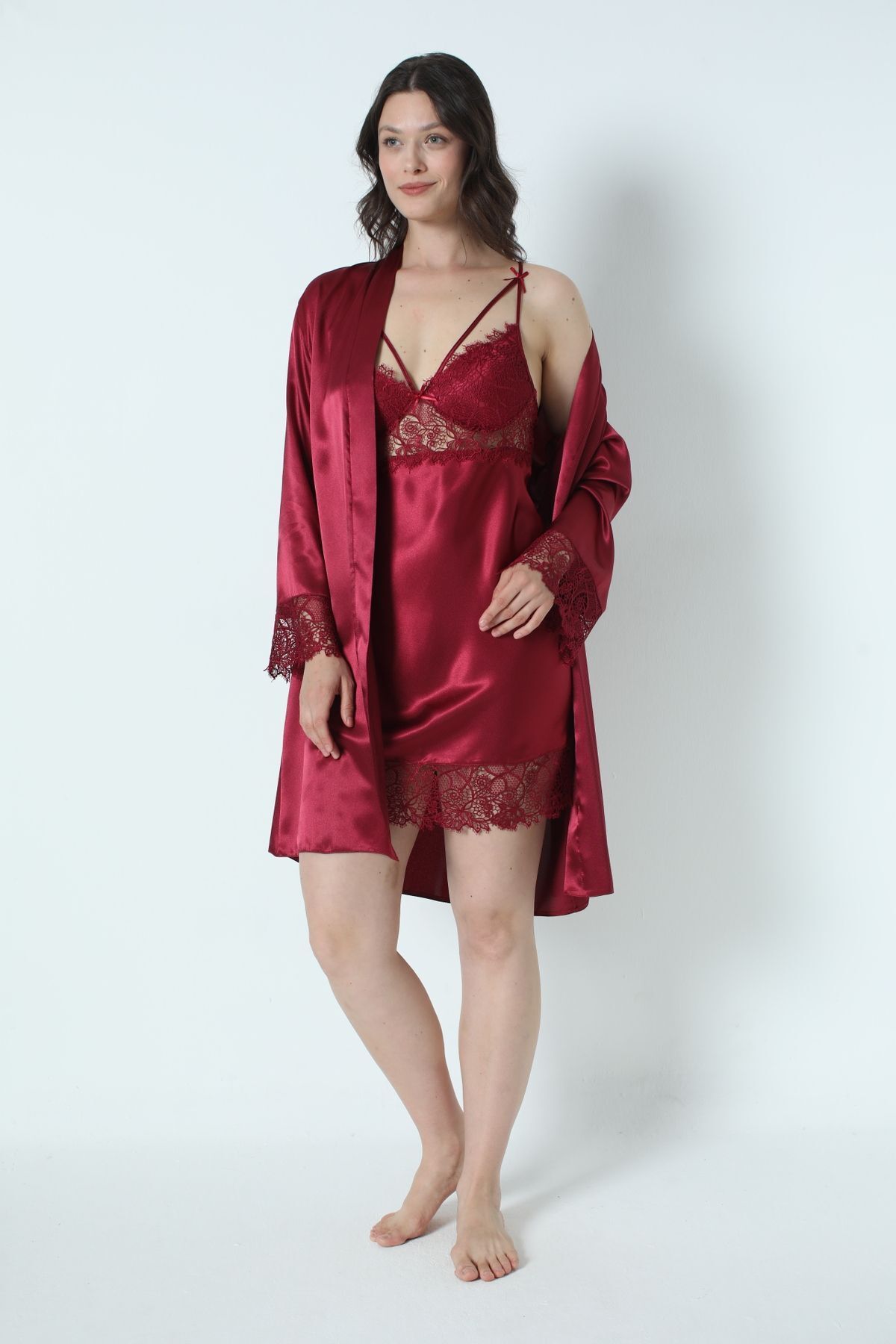 Batıdan Kadın Dantel Detaylı Gelin Çeyiz Kutulu Set Gecelik Bordo Saten 6'lı - Bordo - BATDN86X70P-BHO