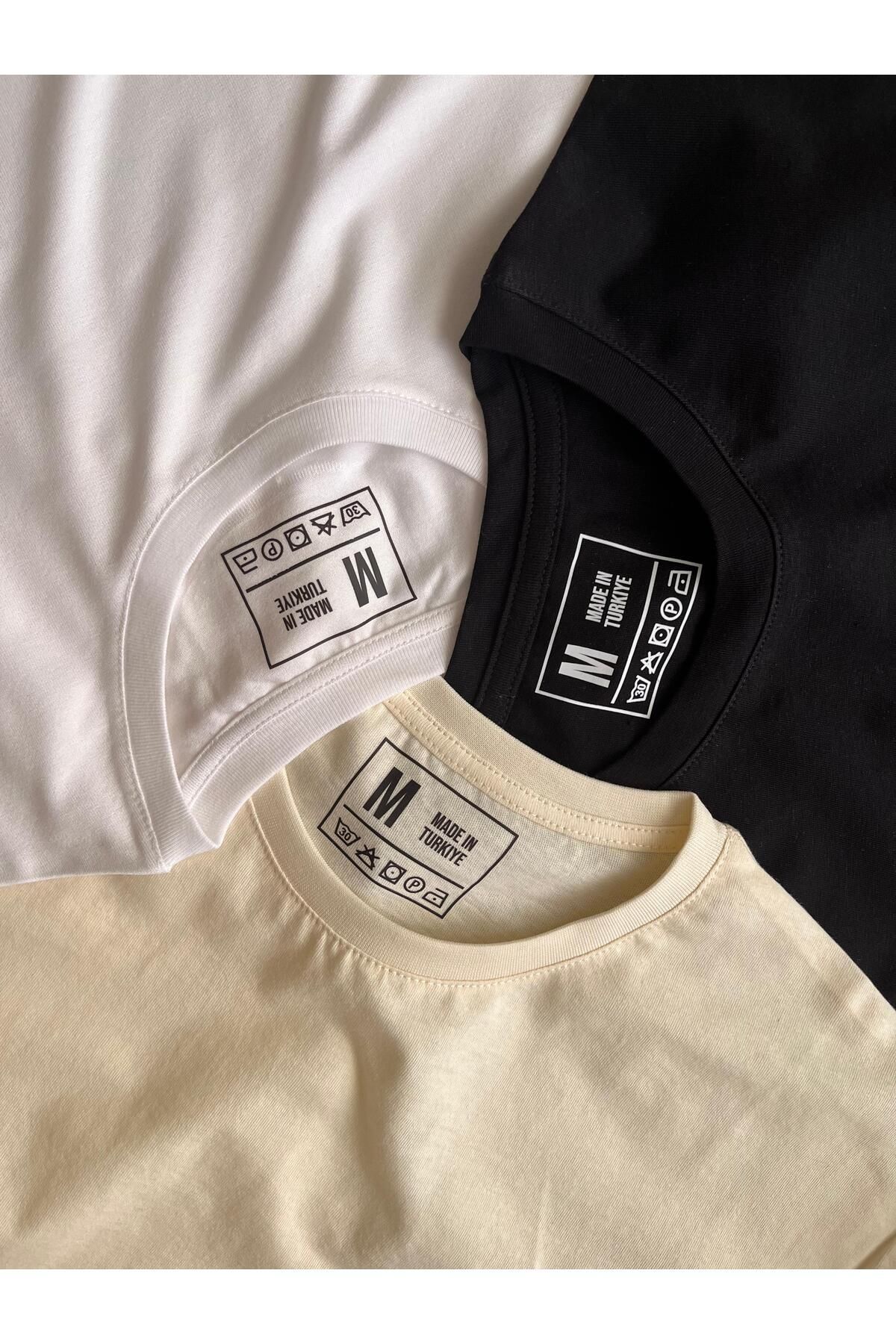 BLUGRIN Unisex Basic 3'lü T-Shirt Set- Siyah,Beyaz,Krem