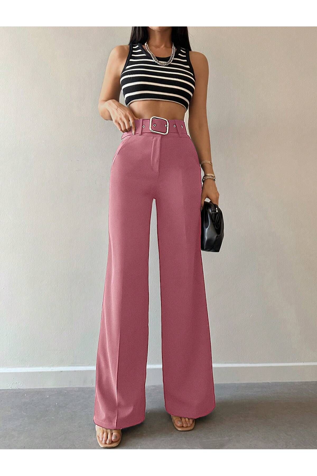 Female Clothing Pembe Geniş Kemerli Cepli Palazzo Pantolon
