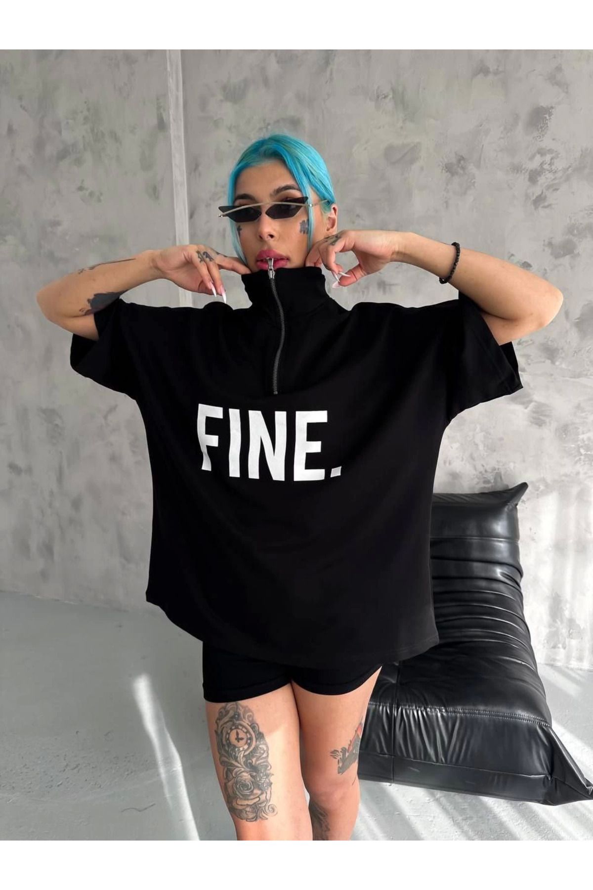 Serero Unisex Baskılı Yarım Fermuarlı T-Shirt - Siyah