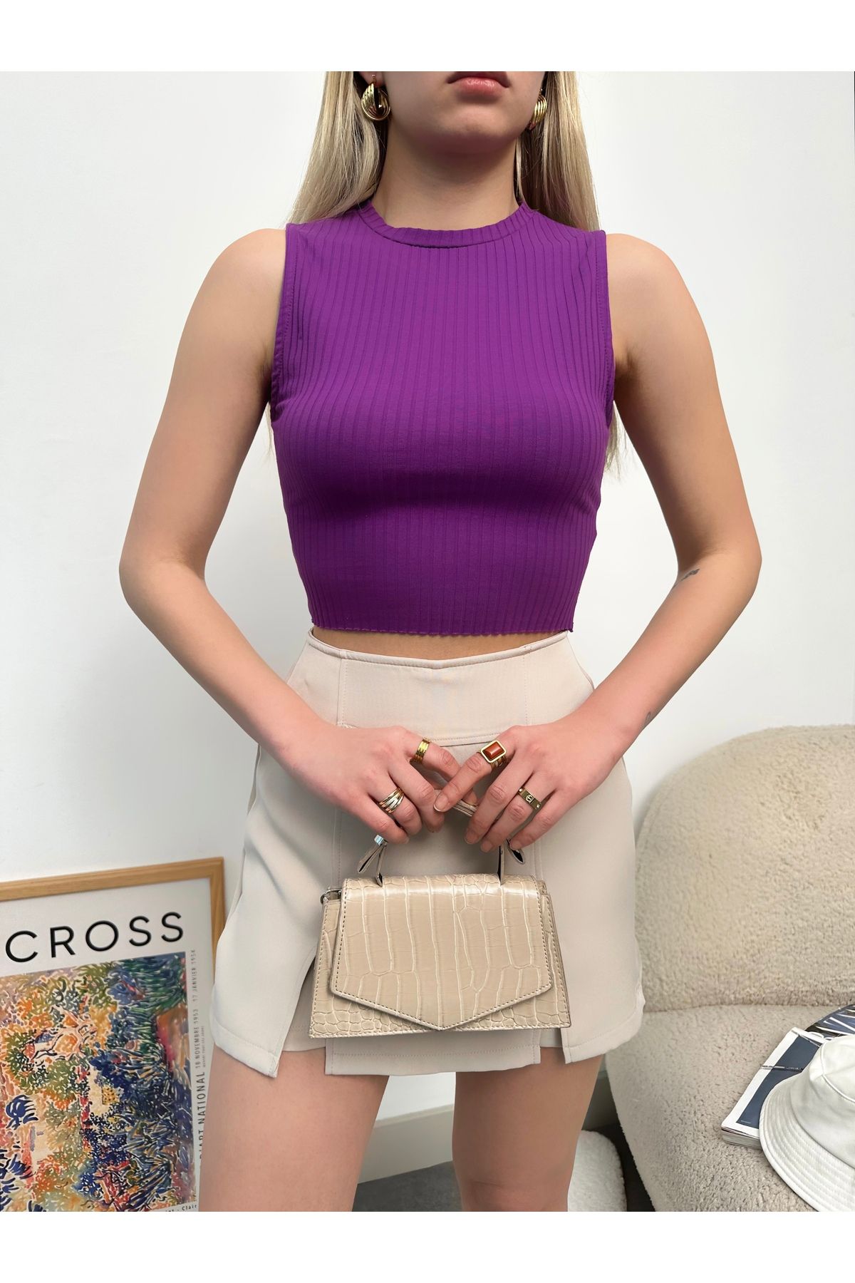 ladyzey kadın mor bisiklet yaka kolsuz kaşkorse crop bluz