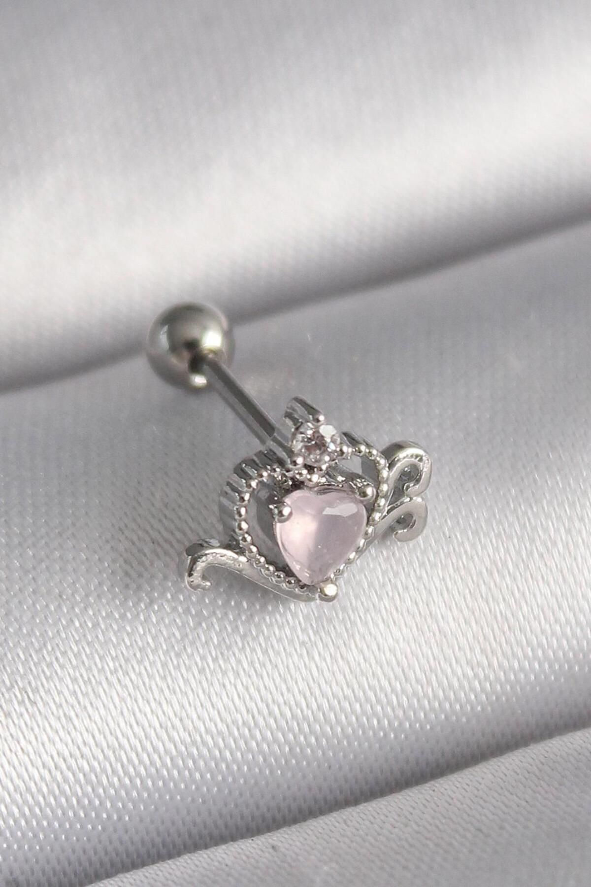 AfraBeauty 316L Çelik Gümüş Renk Pembe Mineli Kalp Zirkon Taş Detay Tragus Piercing