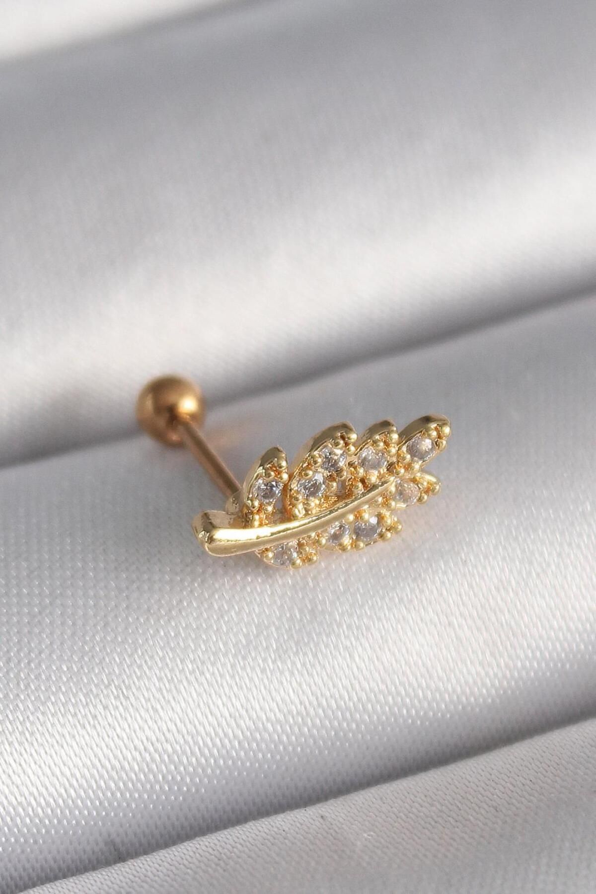 AfraBeauty 316L Çelik Gold Renk Zirkon Taşlı Dal Tragus Piercing