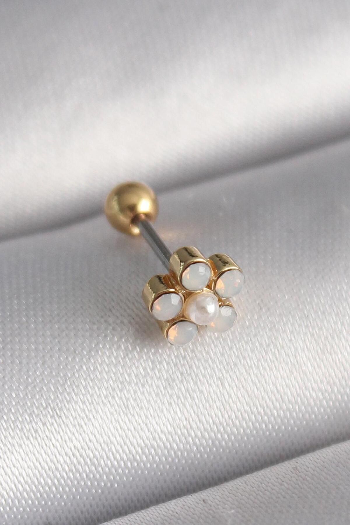 AfraBeauty 316L Çelik Gold Renk Zirkon Taşlı Çiçek Model Tragus Piercing