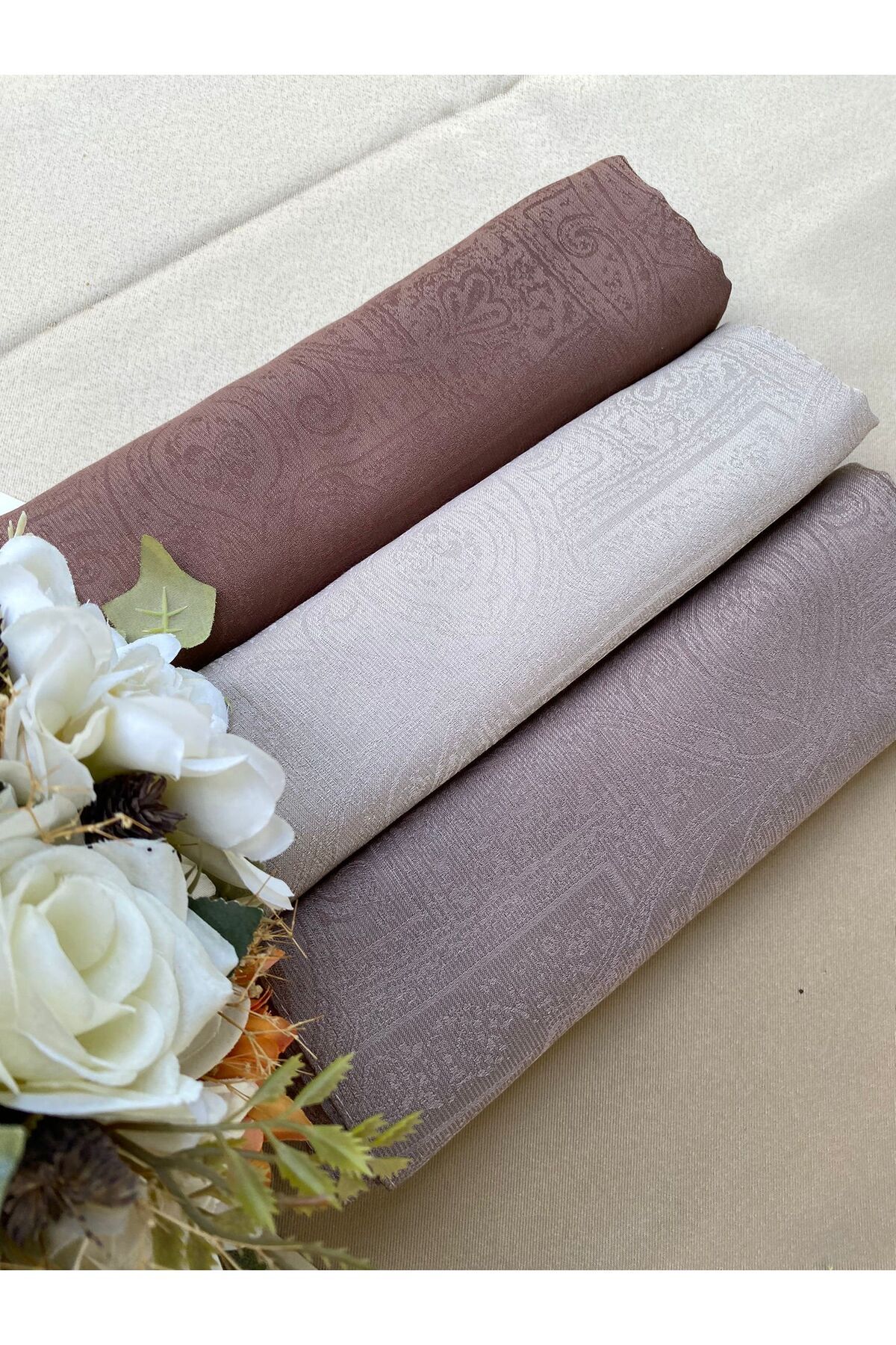 MODA MİNELEŞARP ETNİK DESEN MONOGRAM ŞAL - 3 HARİKA RENK SÜTLÜ KAHVE KIRIK BEYAZ KÜLLÜ TAŞ