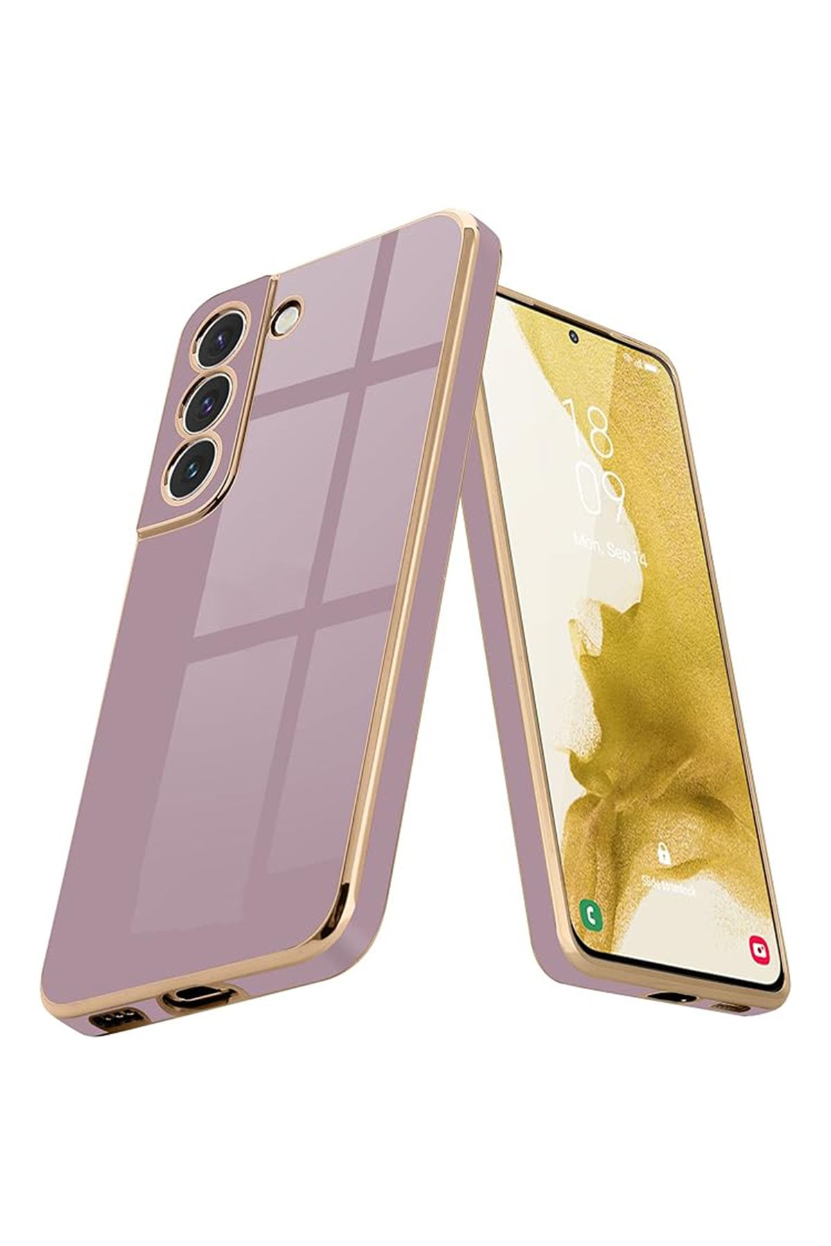 Merwish Galaxy S22 Uyumlu Lazer Kesim Gold Çerçeve Mor Kapak Kılıf