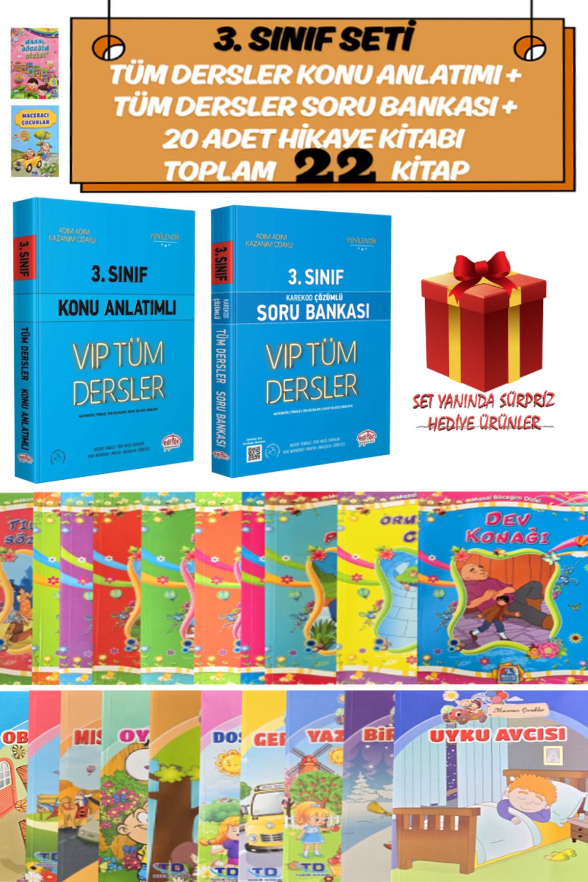 Editör Yayınevi 3. Sınıf Seti (Toplam 22 Kitap): Tüm Dersler Konu Anlatımı+Soru Bankası+20 Adet Hikaye Kitabı+Hediye