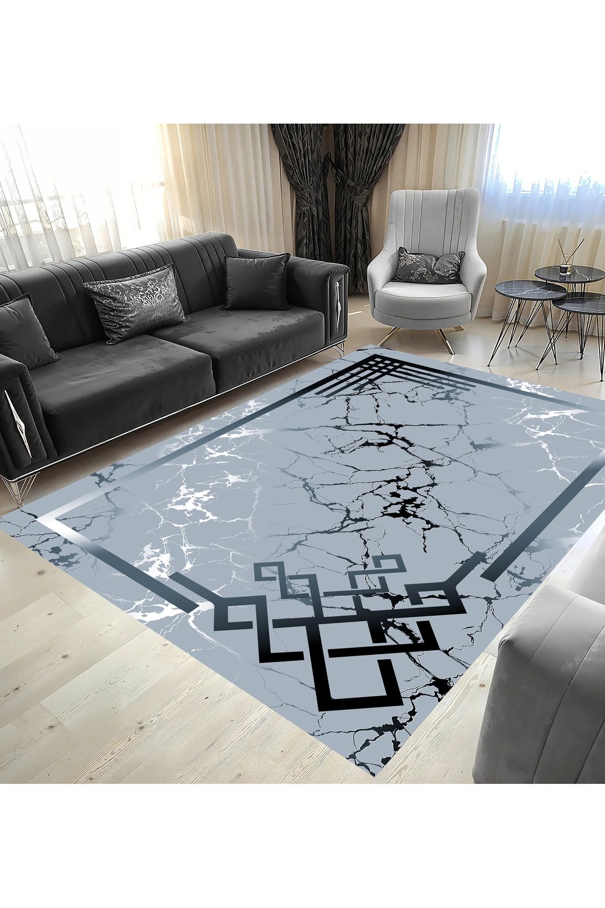 GNL HOME Mavi Mermer Desen Dijital Baskı Salon,Koridor,Mutfak,Balkon,Ofis Halısı