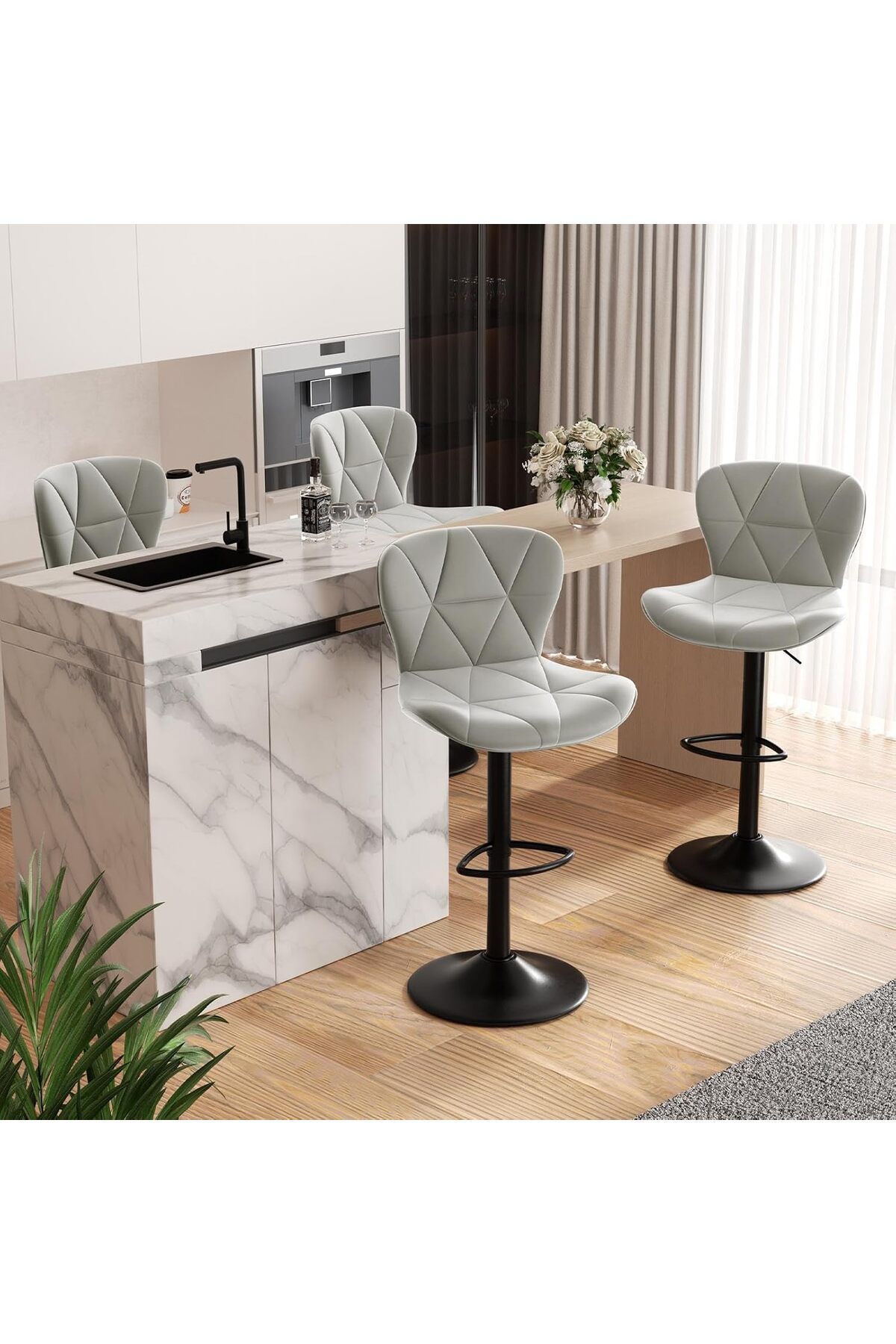 Hawthyhome 4'lü Yüksekliği Ayarlanabilir 360° Döner Suni Deri Bar Taburesi