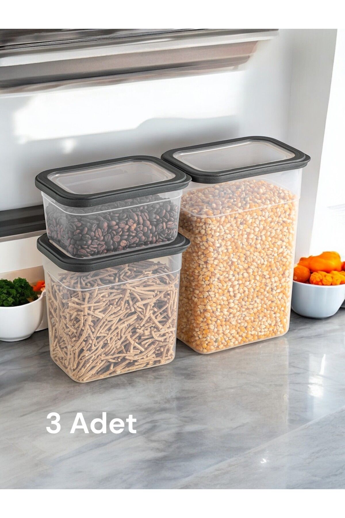 Nesto Home 3'lü Set Dikdörtgen Erzak ve Bakliyat Saklama Kabı Deterjan Kutusu 1x1100 1x2200 1x3400