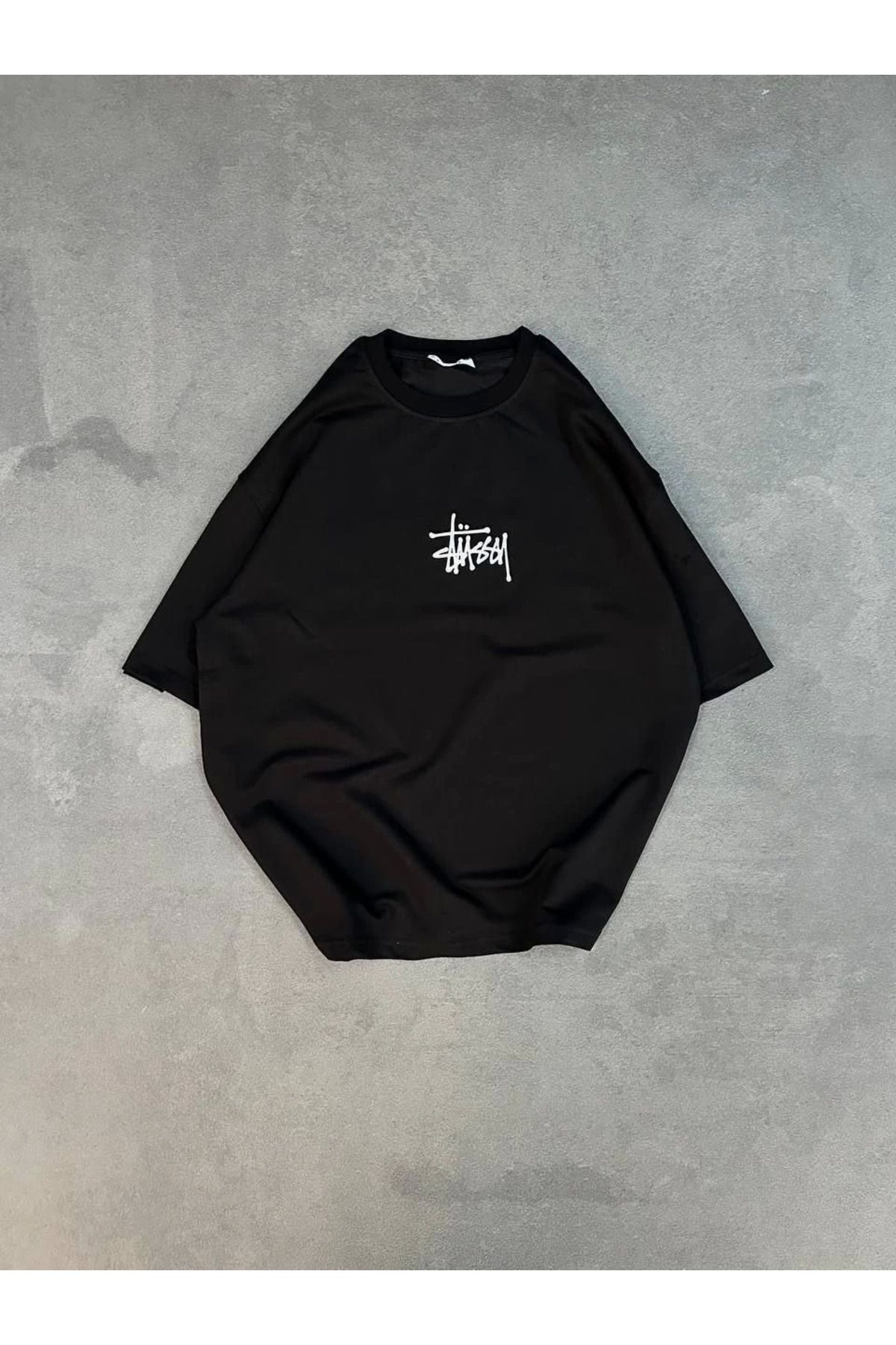 Serero Unisex Bisiklet Yaka Baskılı Oversize T-Shirt - Siyah