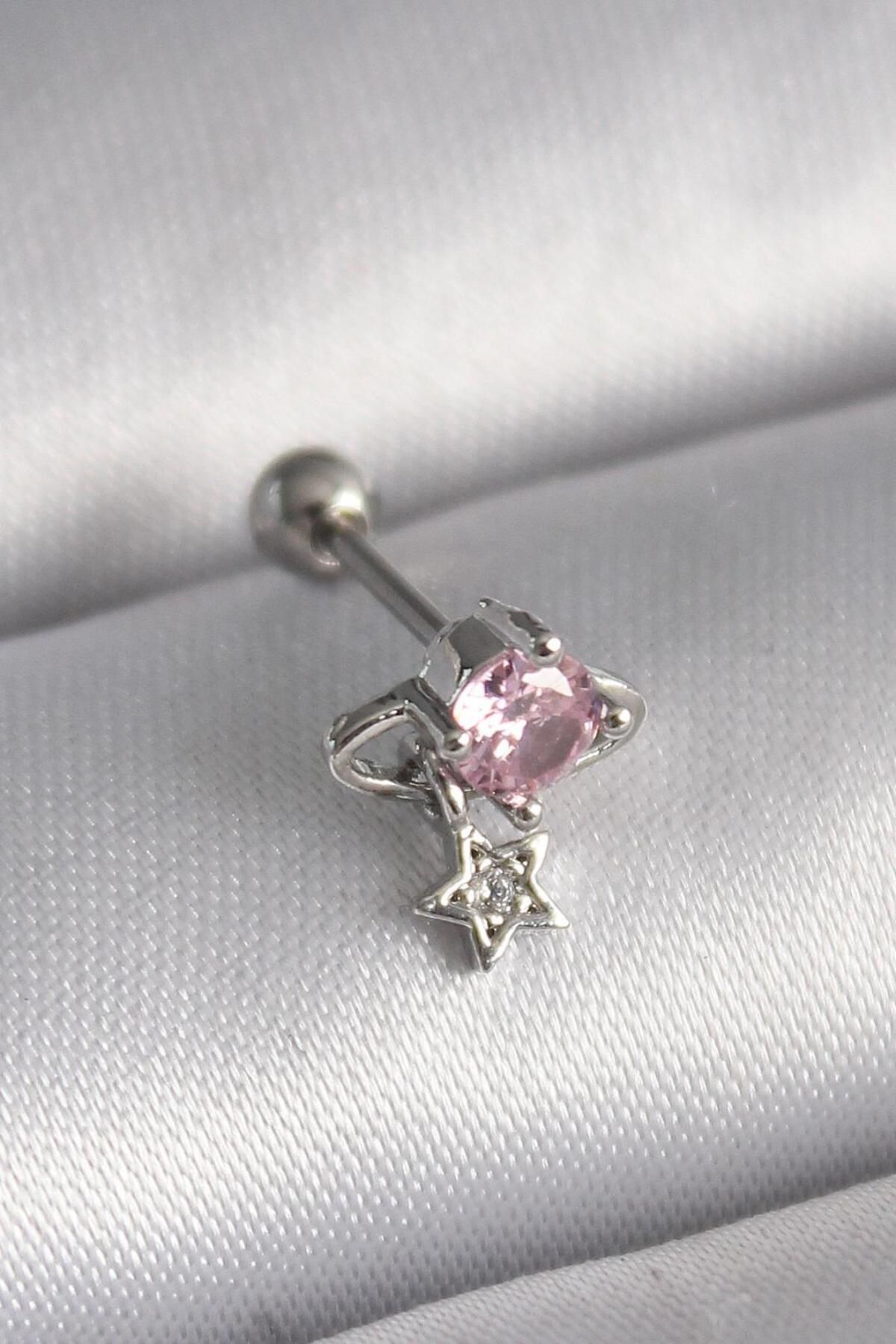 AfraBeauty 316L Çelik Gümüş Renk Pembe Zirkon Taşlı Sallantı Yıldız Detay Tragus Piercing