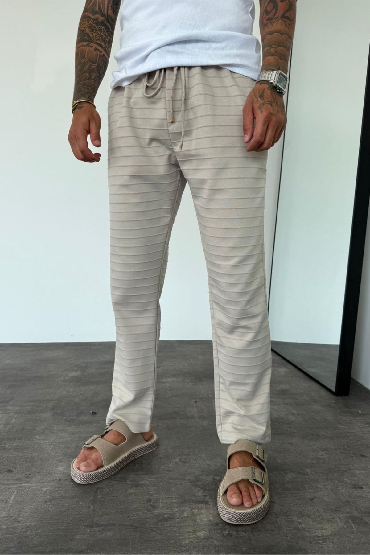 MADZEYMODA Erkek Baggy Fit Bol Kalıp Beli Lastikli Bej Jogger KE-5046