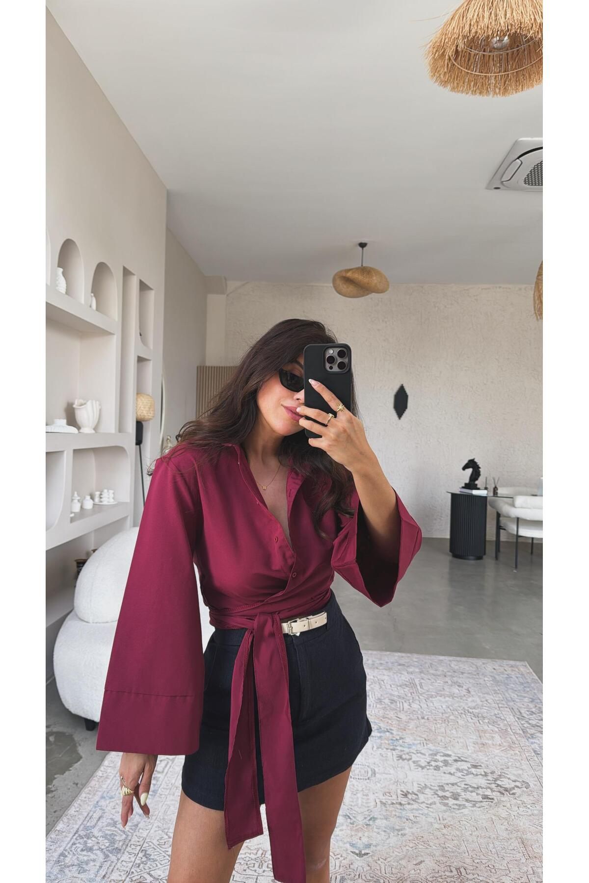 Buket Teke Bordo Poplin Bağlamalı Gömlek