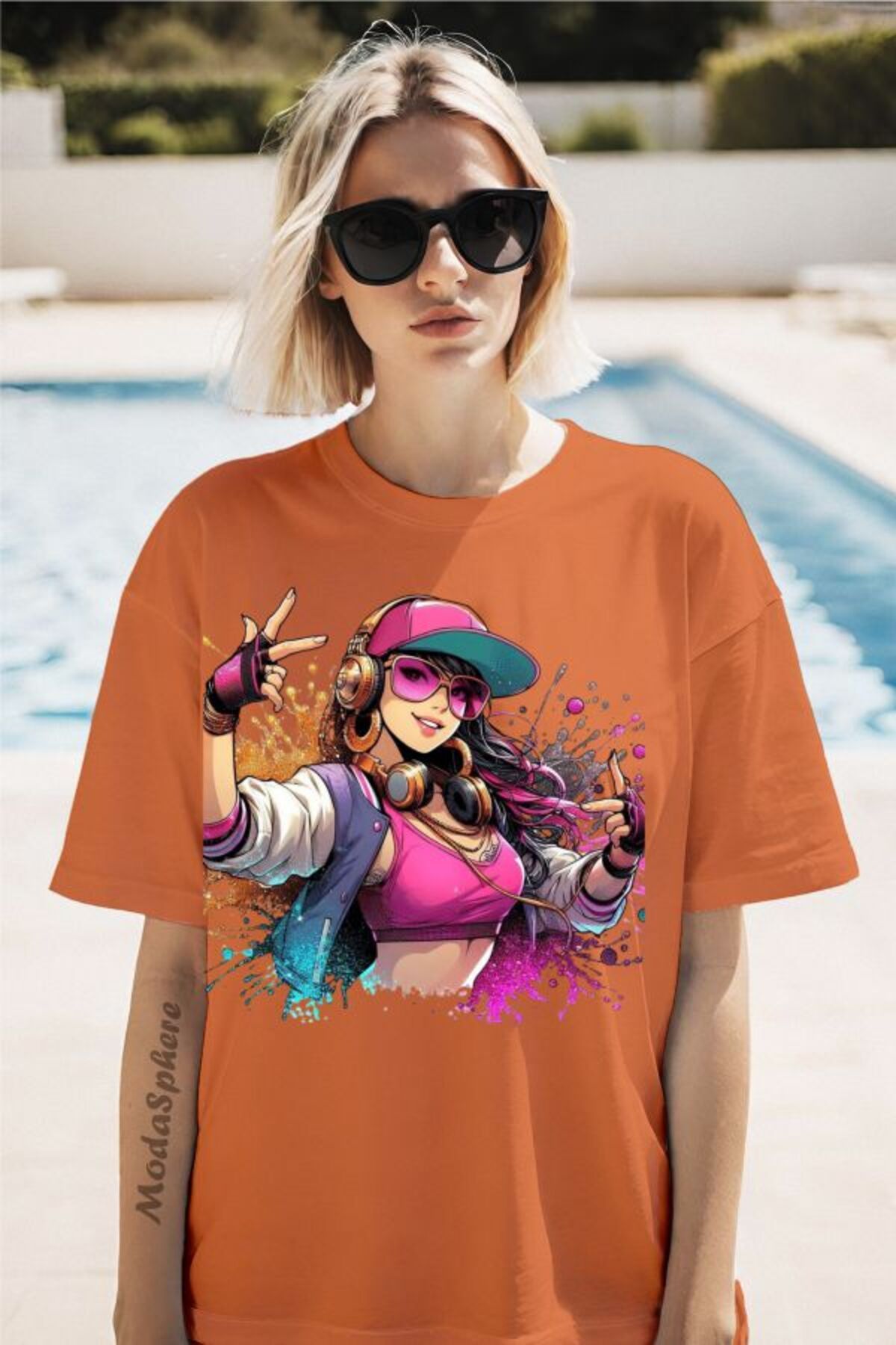 ModaSphere Şapkalı Kız Baskılı Unisex Oversize Tişört