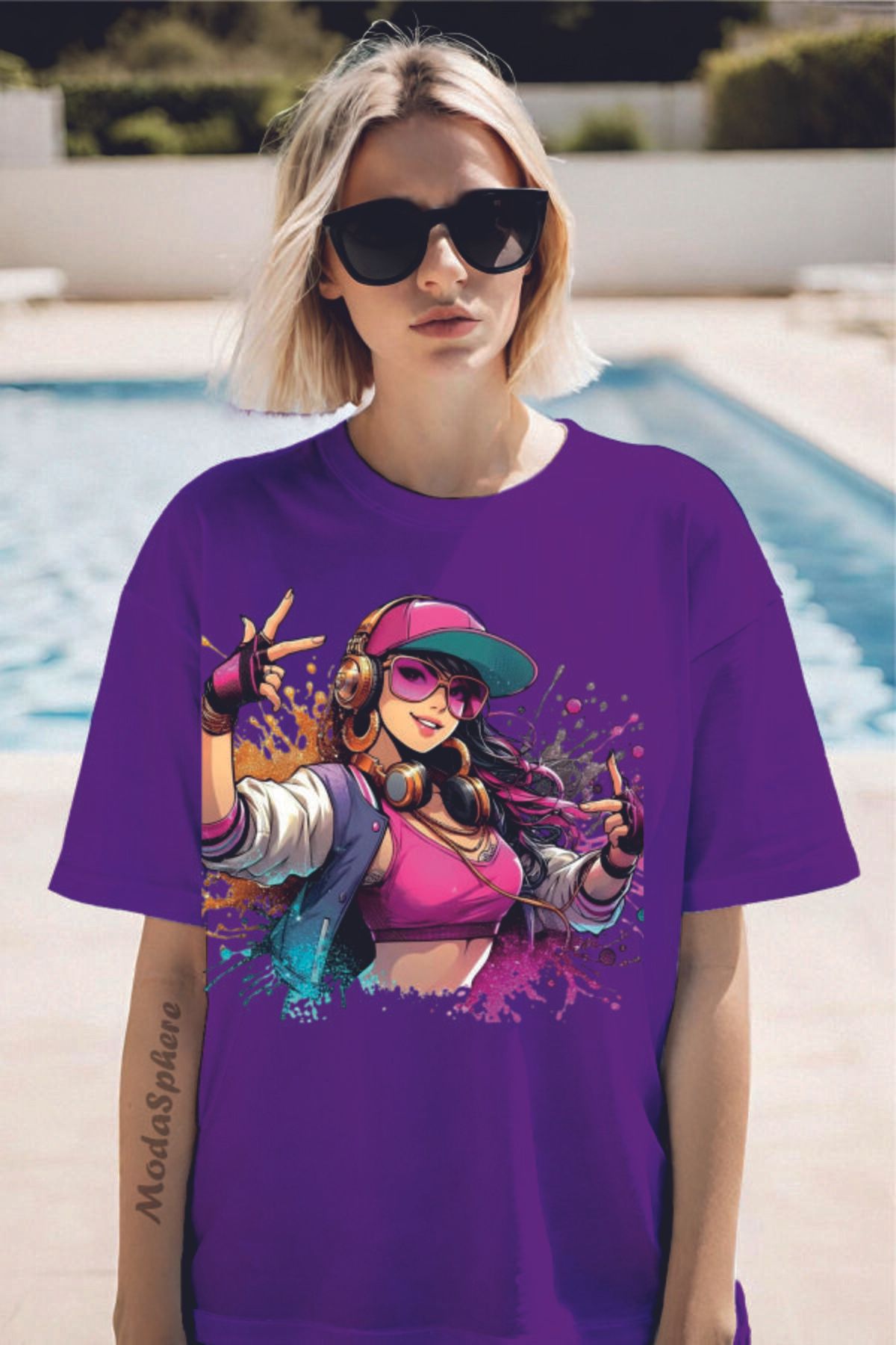 ModaSphere Şapkalı Kız Baskılı Unisex Oversize Tişört