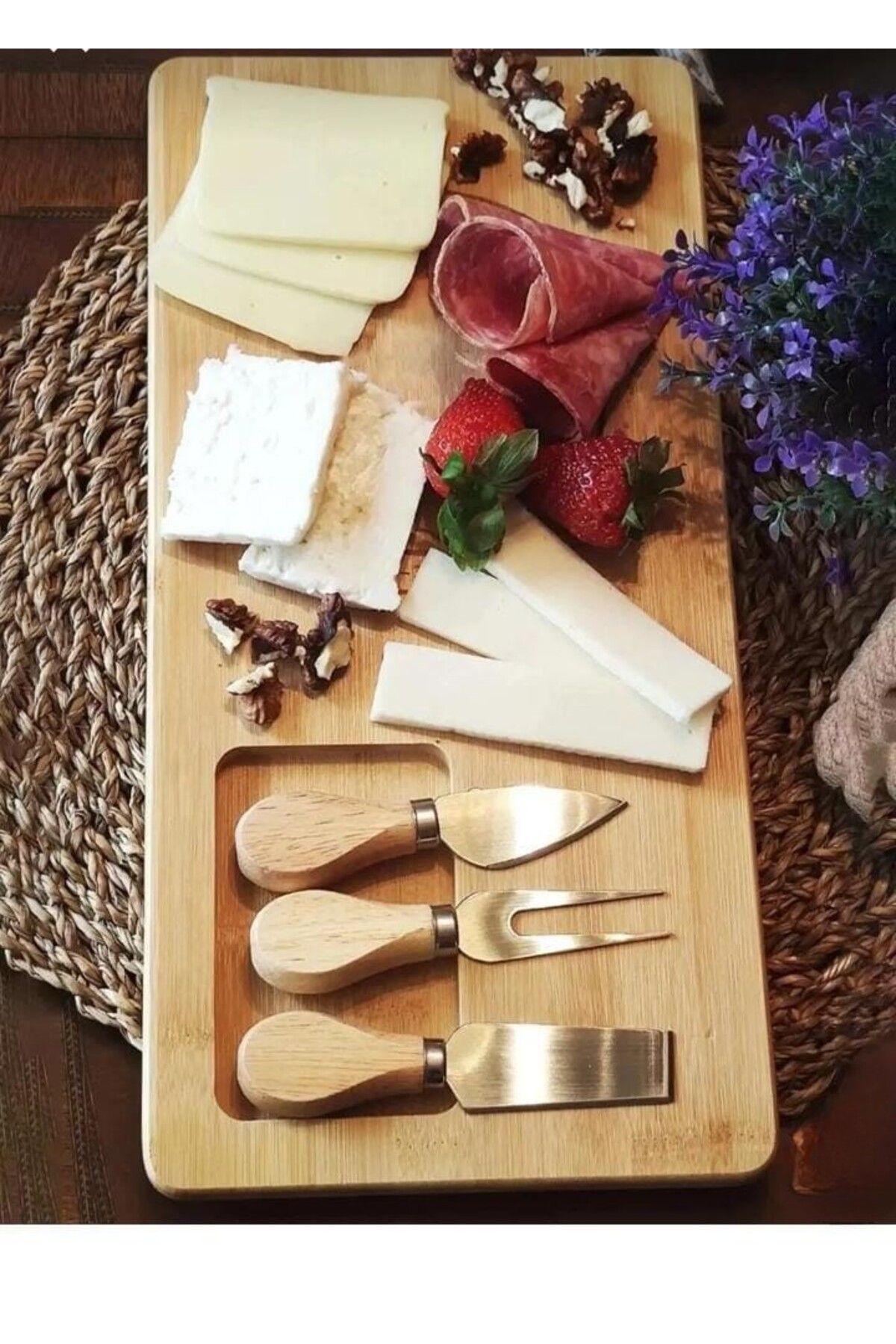 DEZİ Bambu 4 Parça Peynir Sunum Tahtası ve Çatal - Spatula - Bıçak Seti, Sunum Seti