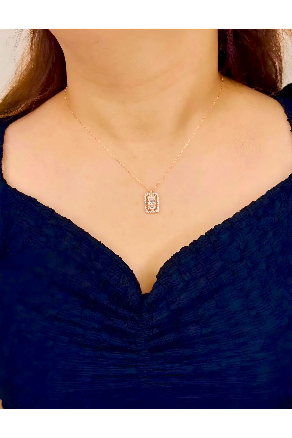 Azra Silver&Aksesuar 925 Ayar Zirkon Taşlı Baget Model Zincirli Gümüş Kolye