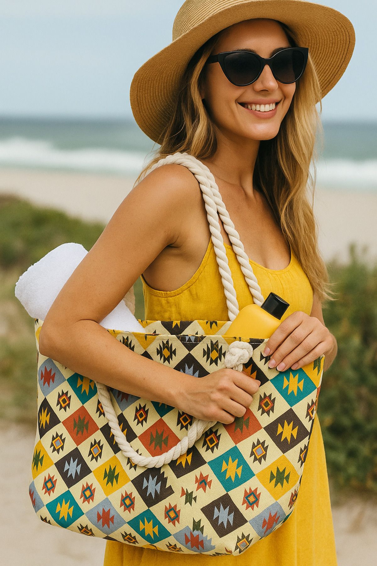 FDF STORE Plaj Çantası Kadın Kaliteli Baskılı Kumaş Beach Bag
