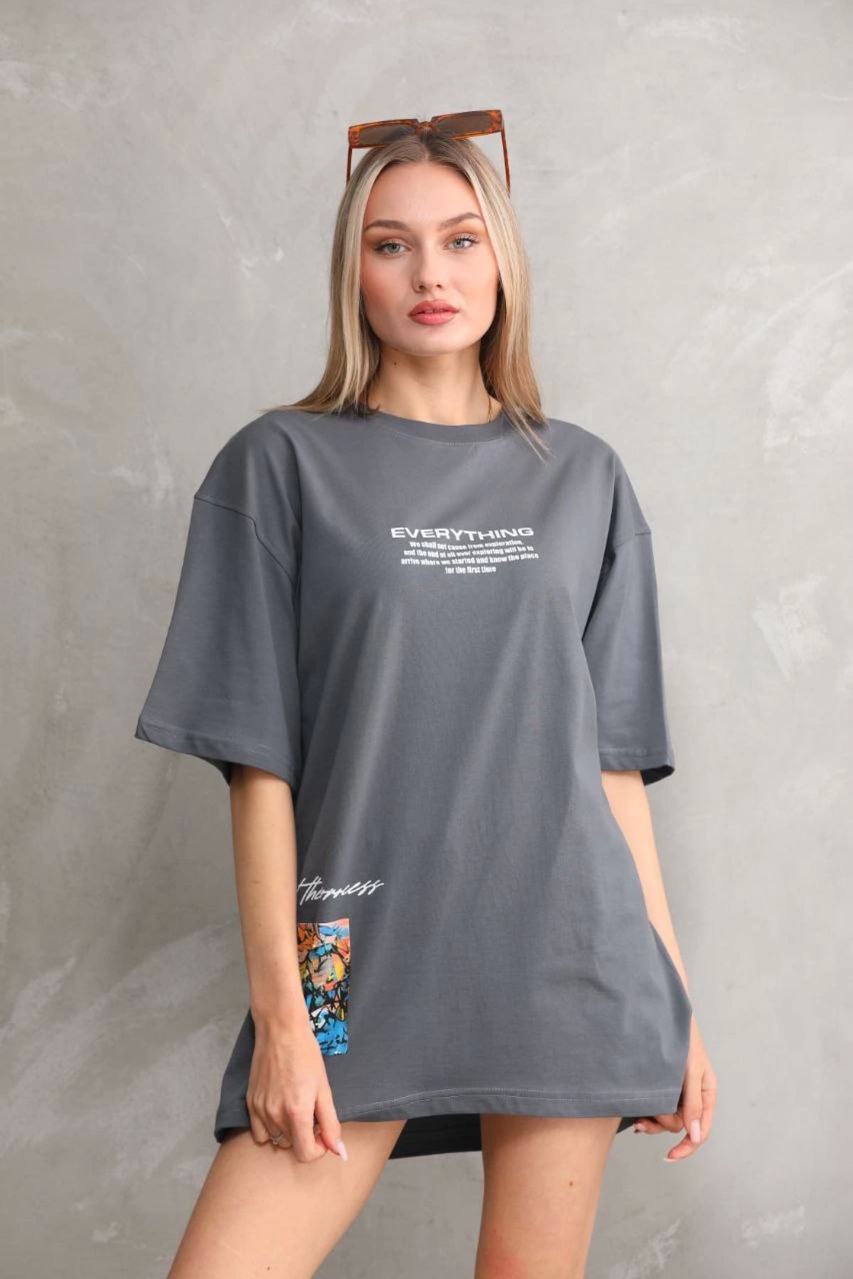 Serero Unisex Bisiklet Yaka Baskılı Oversize T-Shirt - Gri