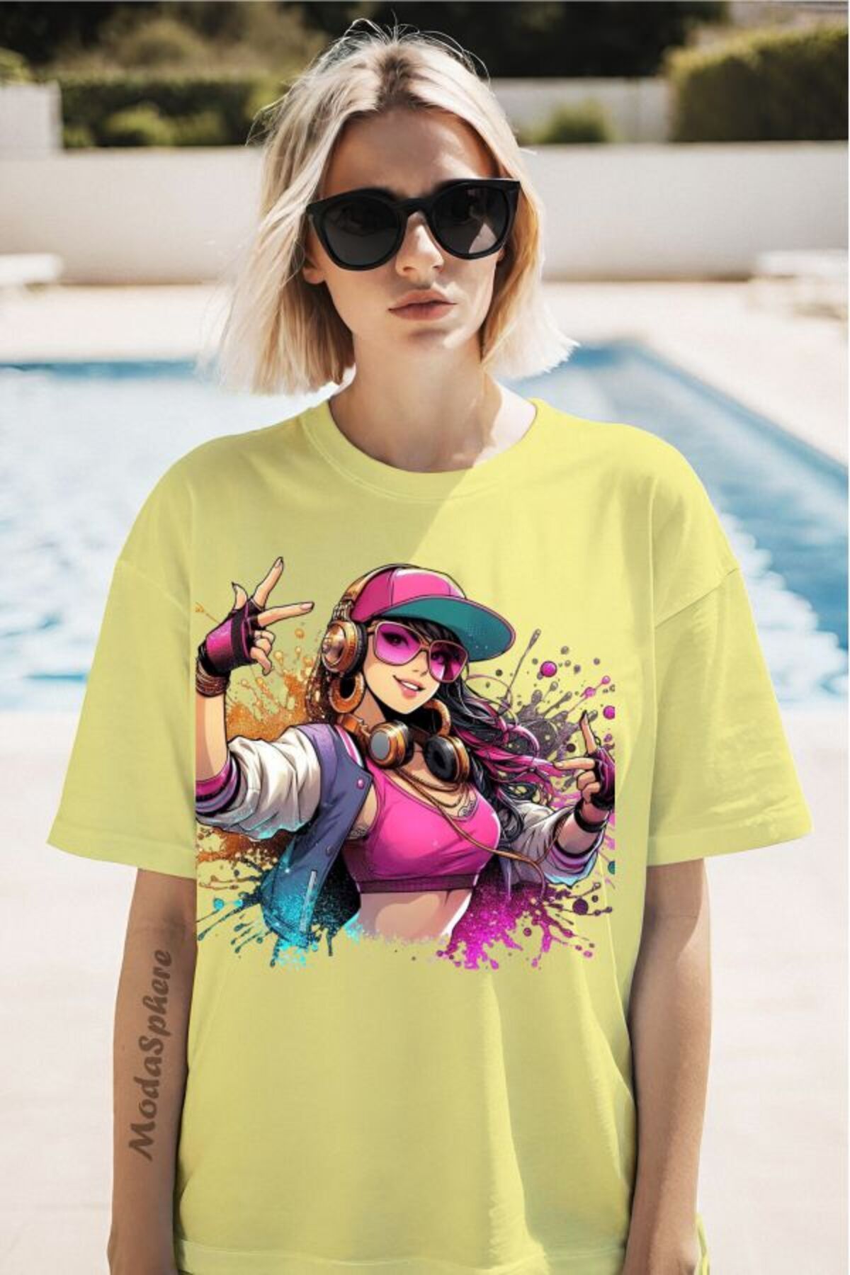 ModaSphere Şapkalı Kız Baskılı Unisex Oversize Tişört