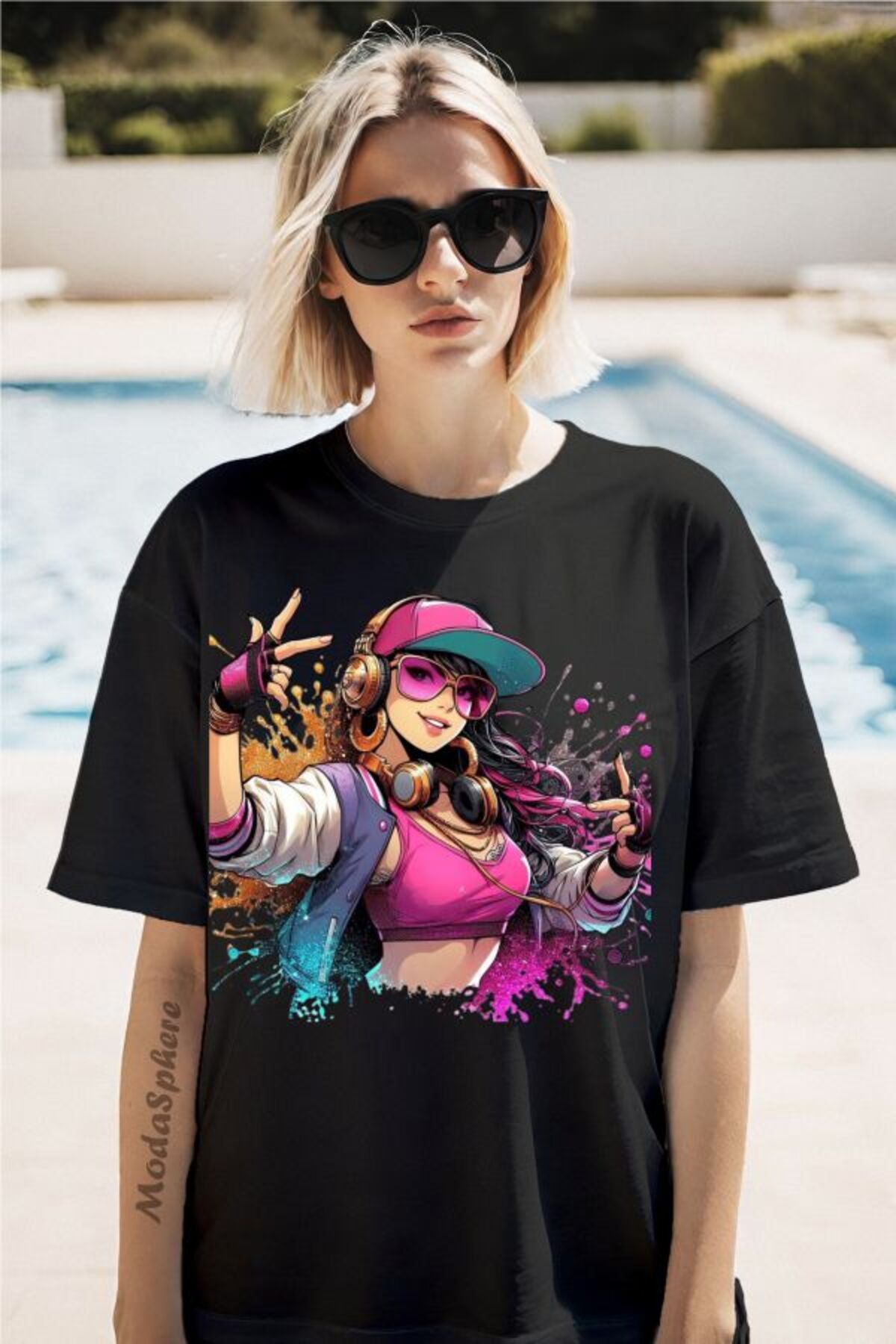 ModaSphere Şapkalı Kız Baskılı Unisex Oversize Tişört