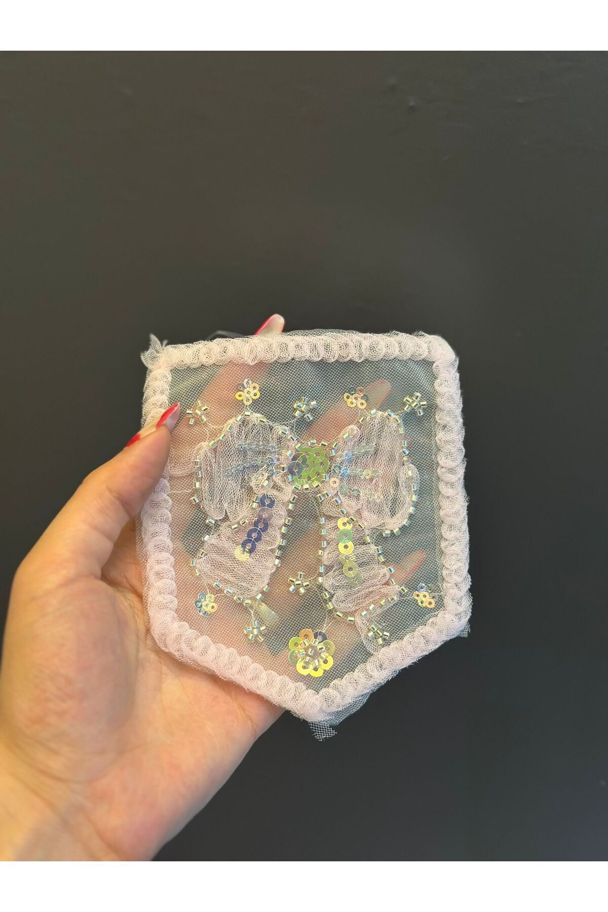 Gönülden Tasarım 14X12 CM BONCUK PUL İŞLEME FİYONK CEP ARMAA DİKİŞ APLİKE Pembe