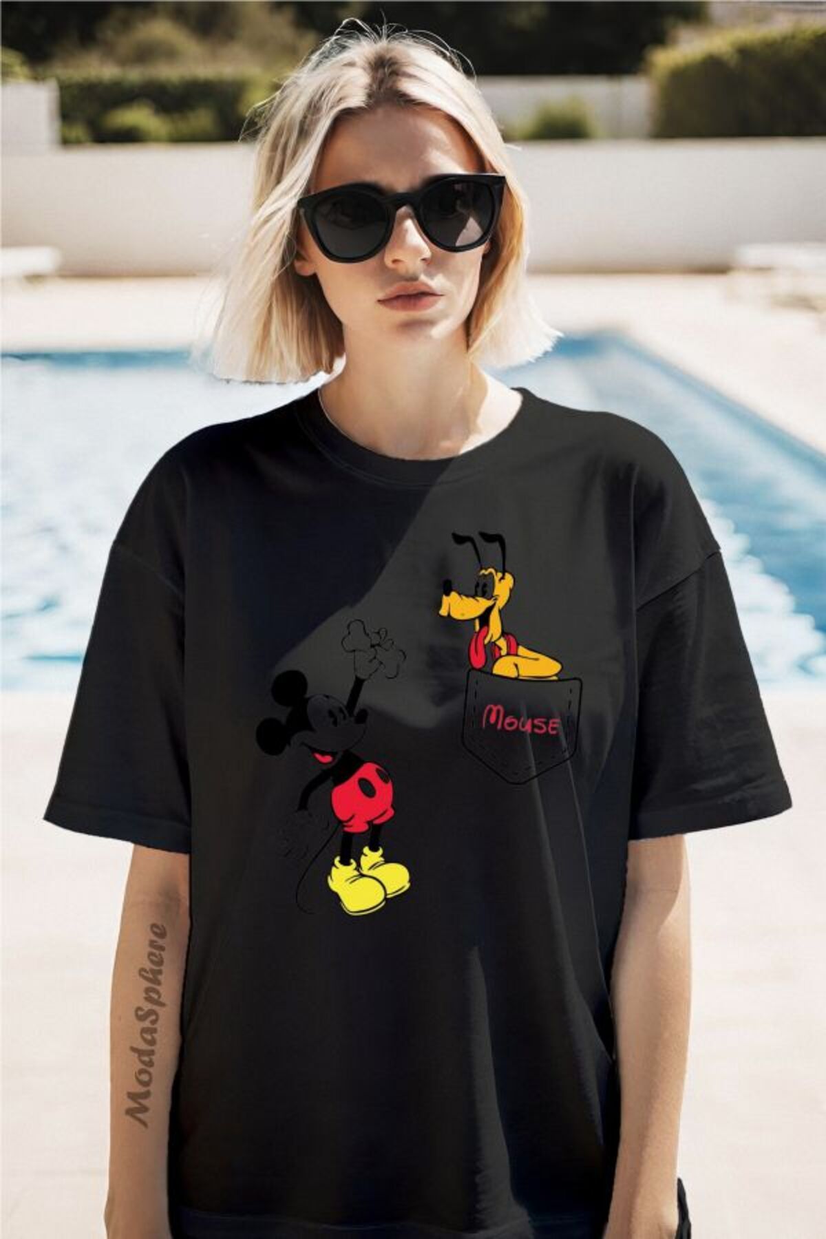 ModaSphere MICKEY Baskılı Cep Görselli Unisex Oversize Tişört