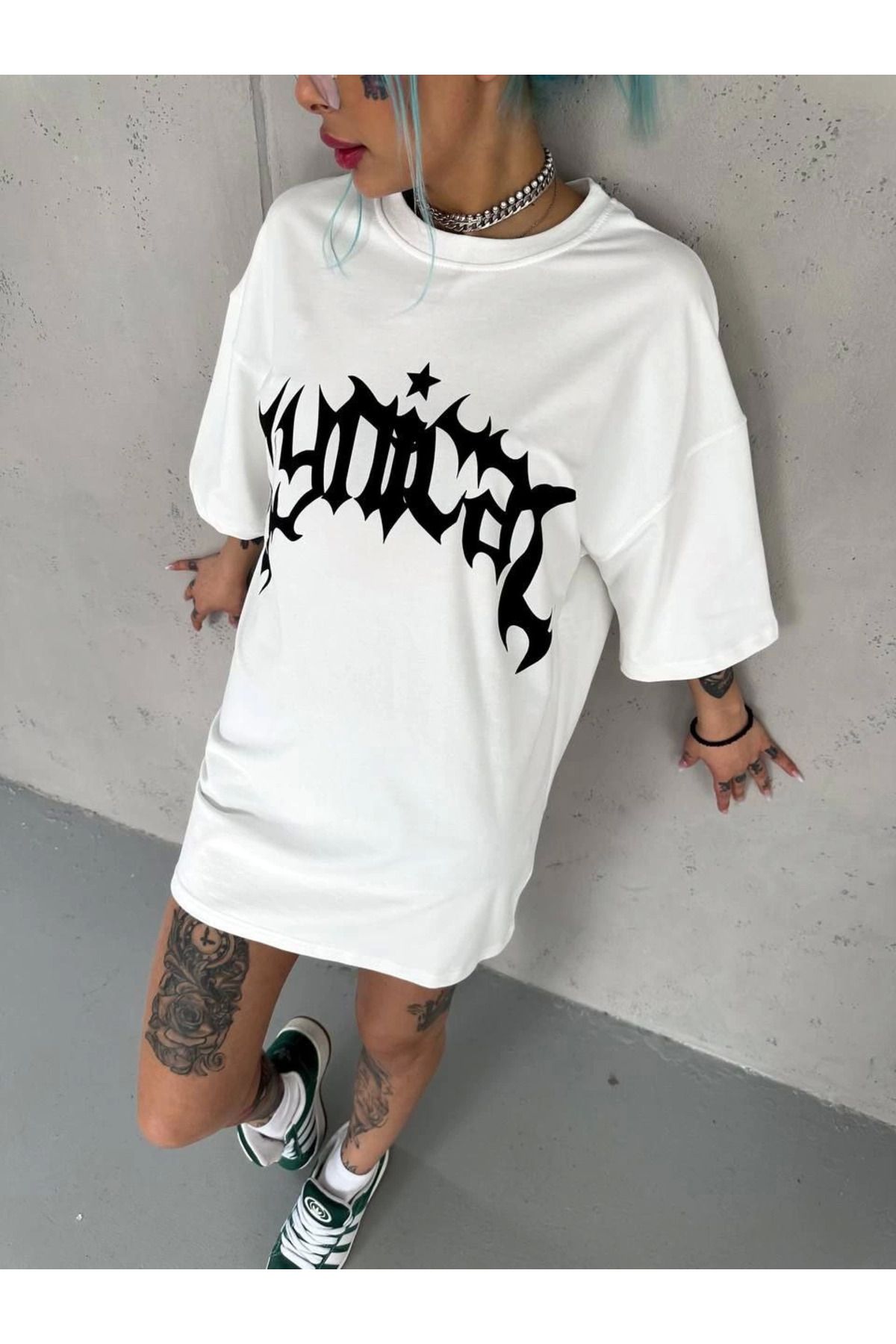 Serero Unisex Bisiklet Yaka Baskılı Oversize T-Shirt - Beyaz