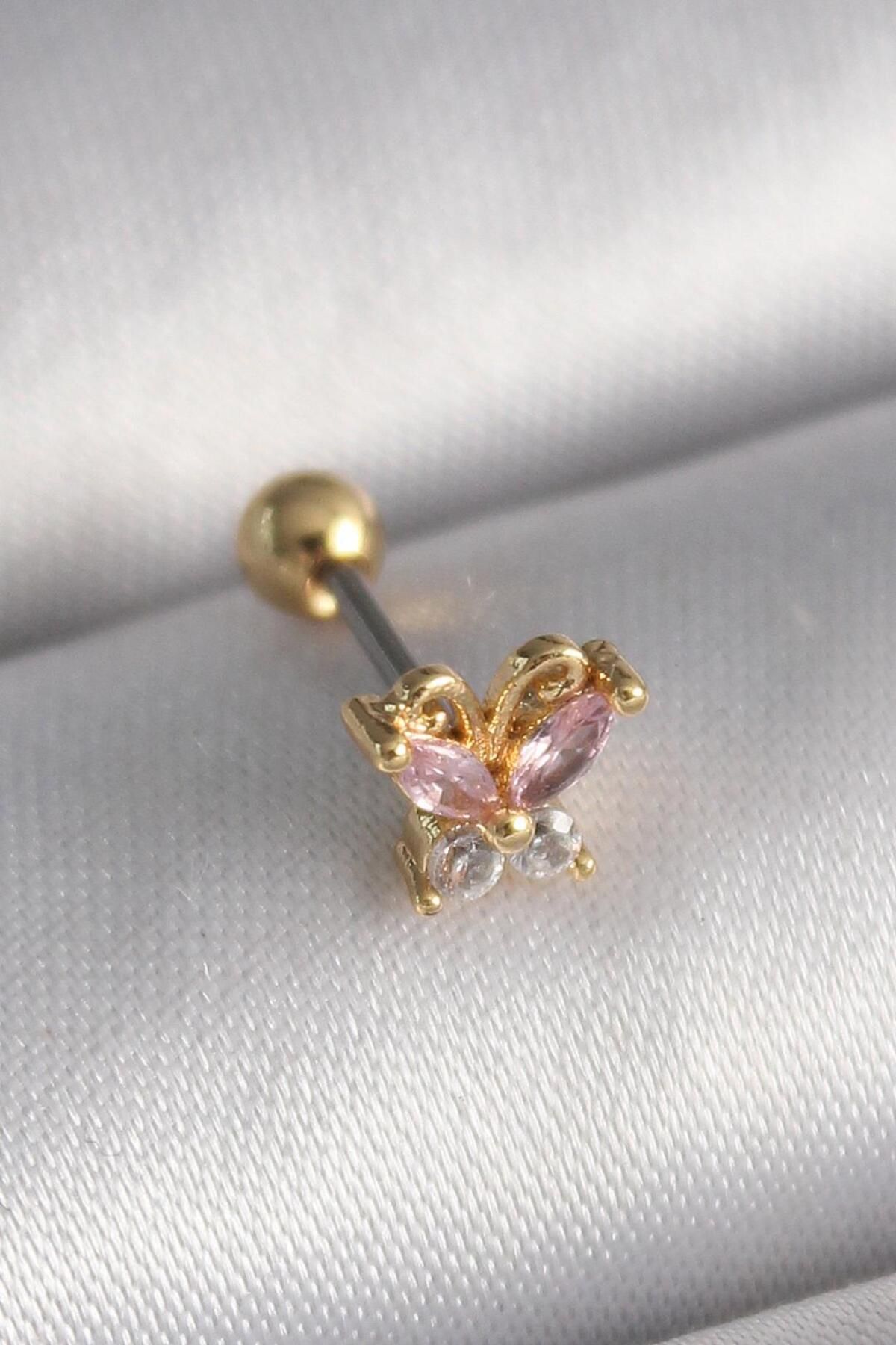 AfraBeauty 316L Çelik Gold Renk Pembe Zirkon Taşlı Kelebek Tragus Piercing