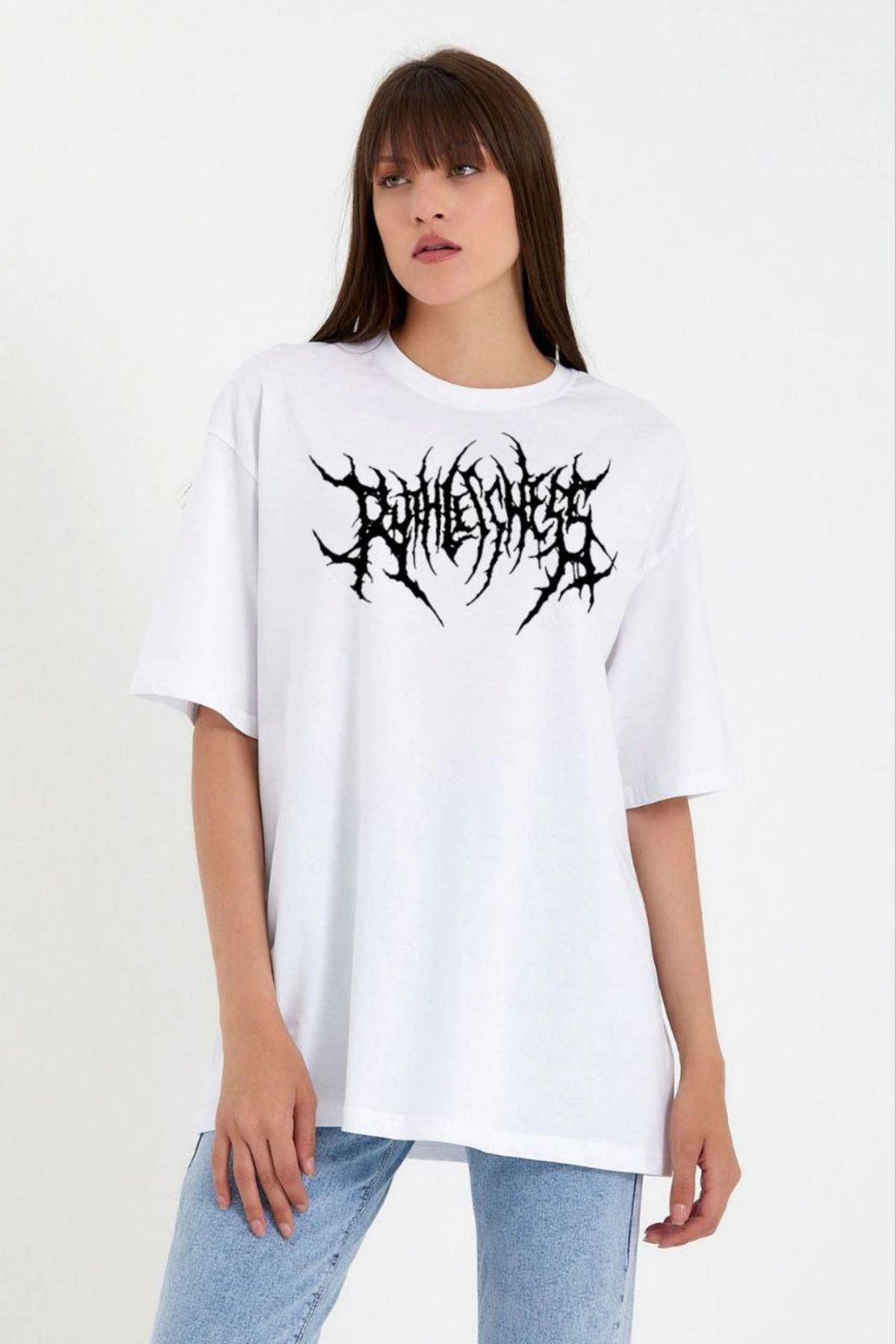 Serero Unisex Bisiklet Yaka Baskılı Oversize T-Shirt - Beyaz