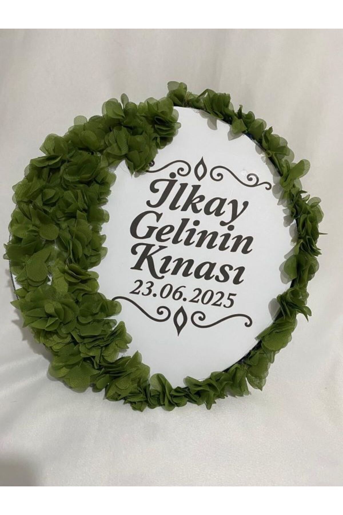 ARHEDİYELİK Gelin Tefi 30cm, İsim ve Tarih Yazılı Yarım Ay Ve Kenar Süslemeli Tasarlanmış Kına Tefi (YEŞİL)