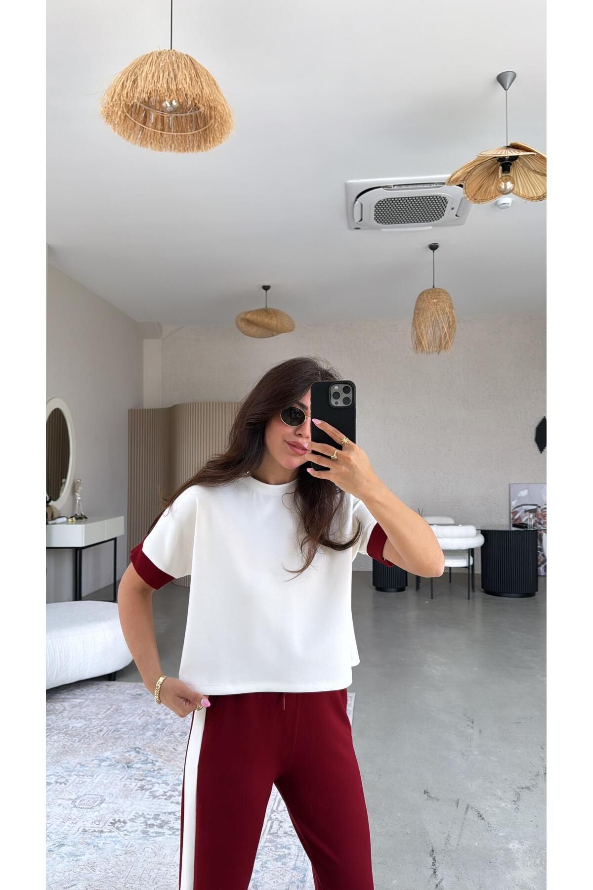 Buket Teke Bordo Şeritli Modal Takım