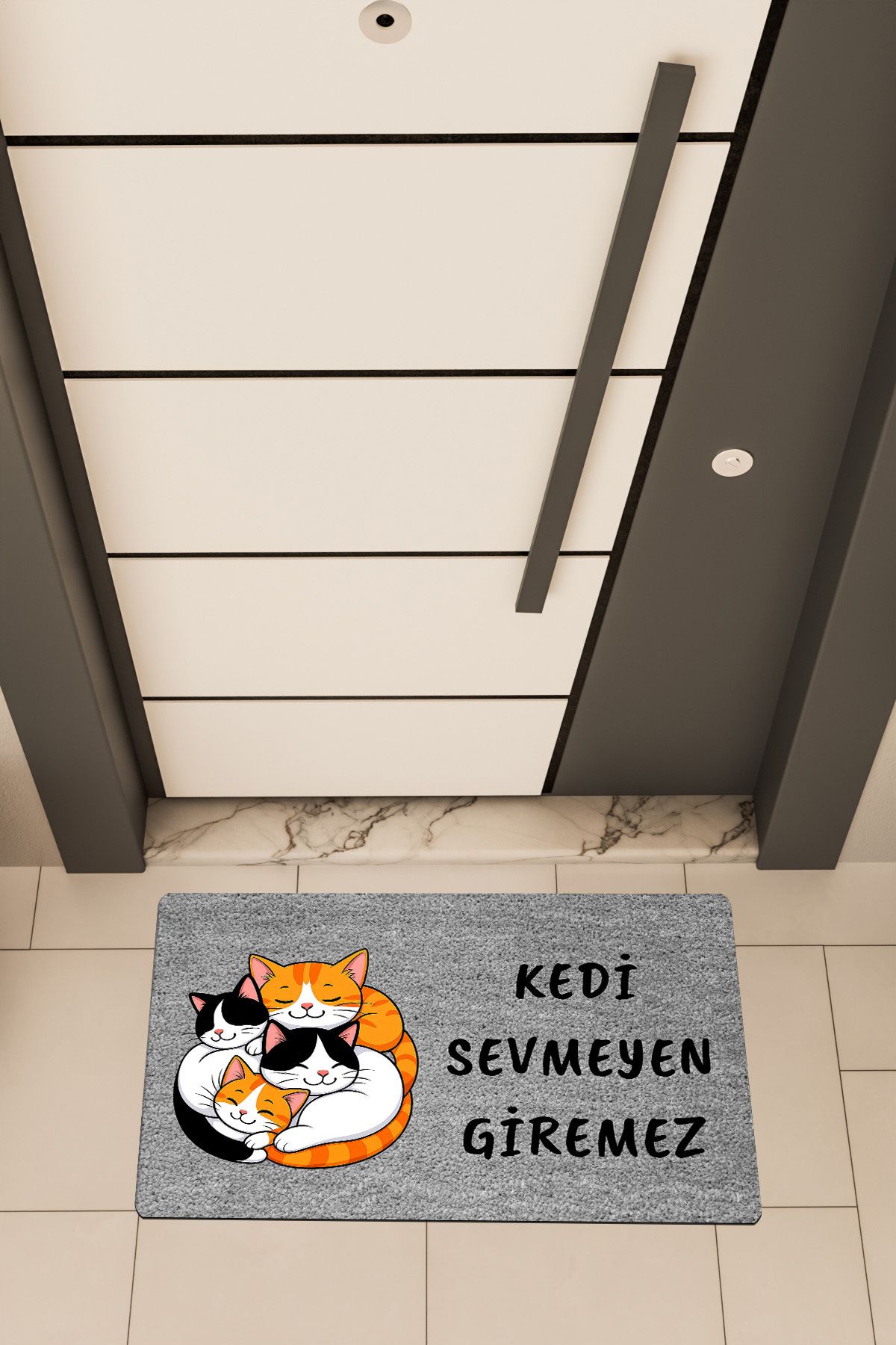 Dormot Home Yüksek Kaliteli Dijital Baskı Gri, Sarmaş Dolaş Kediler temalı Kapı Önü Paspası