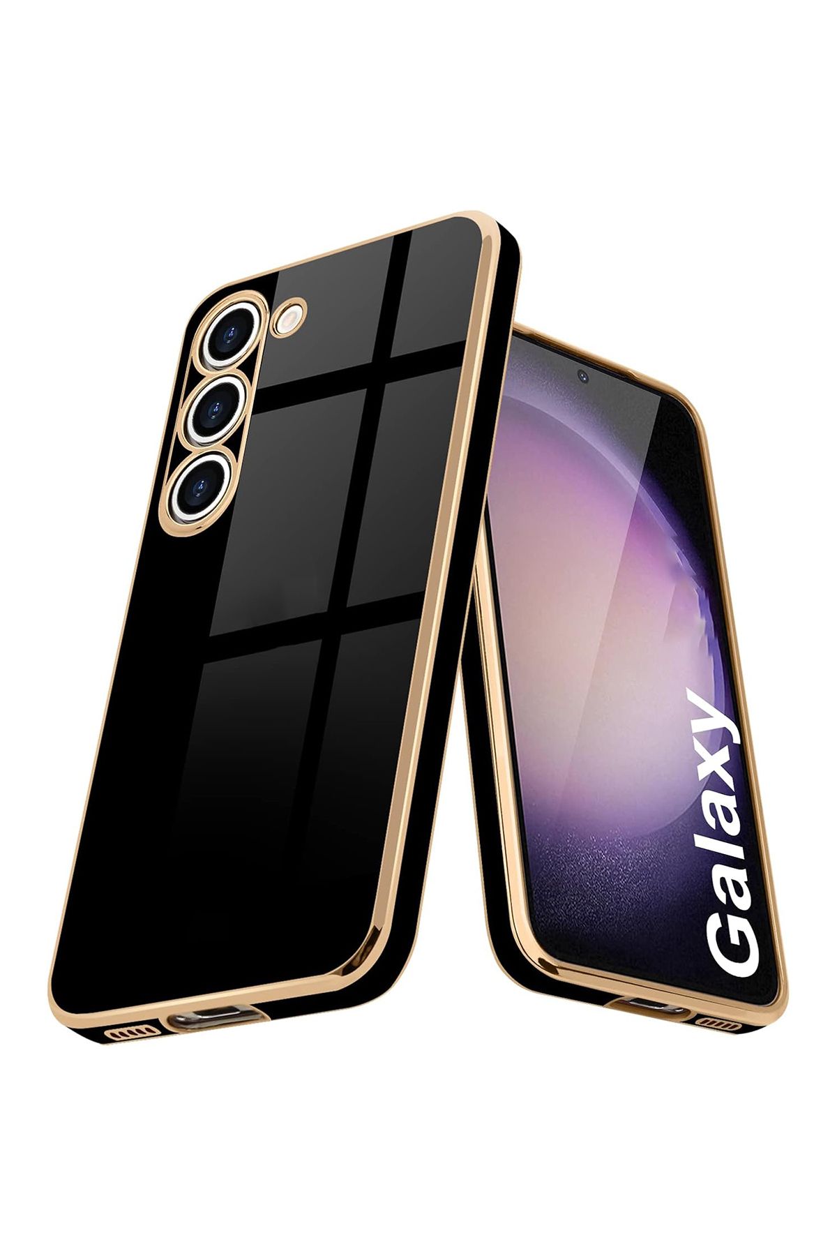 Merwish Galaxy S23 Uyumlu Lazer Kesim Gold Çerçeve Siyah Kapak Kılıf