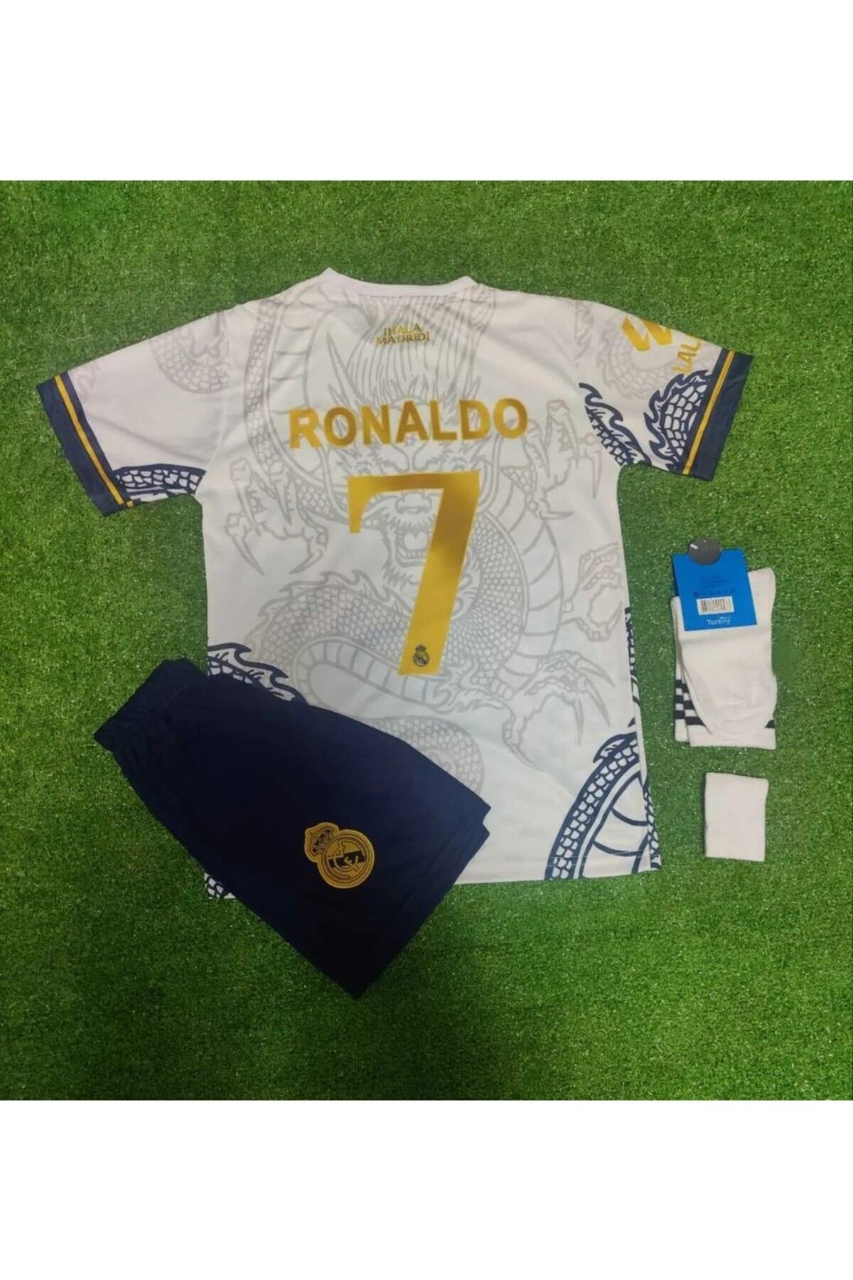 kombinezyum İhala Madrid Cristiano Ronaldo Beyaz Dragon Özel Tasarım Çocuk Forması (WHİTE/GOLD)