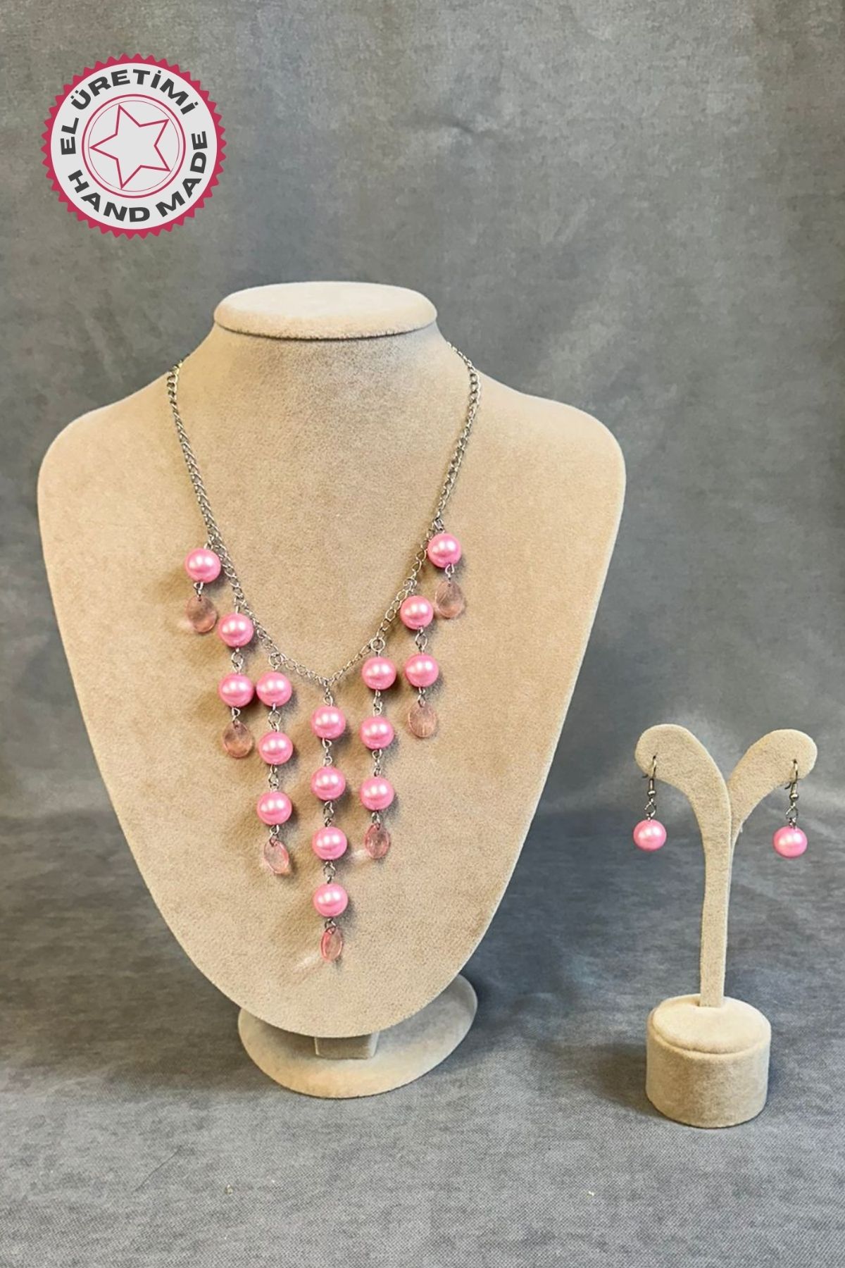 Uretti - Tuğba 9352 0371 El Yapımı Pembe İnci Boncuklu Takı Seti