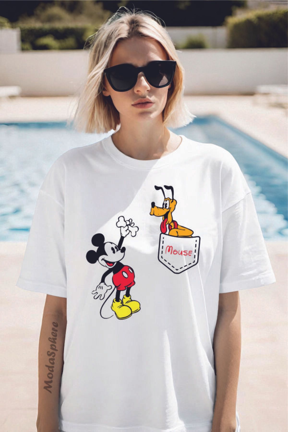 ModaSphere MICKEY Baskılı Cep Görselli Unisex Oversize Tişört