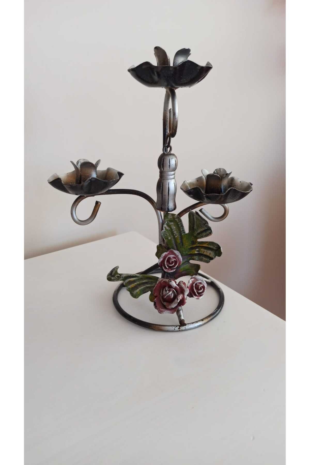 Hureggo vintage metal gül desenli dekoratif mumluk & 26 cm