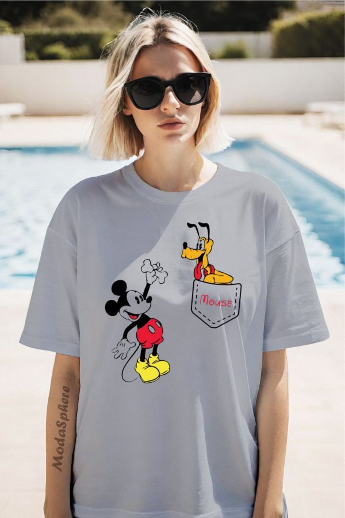 ModaSphere MICKEY Baskılı Cep Görselli Unisex Oversize Tişört